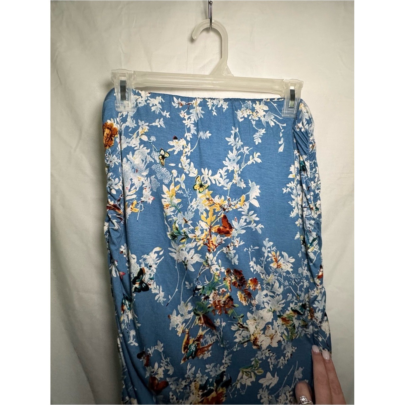 Blue Floral Butterfly Strapless Maxi Dress Ruched Sides with Side Slit-Size L