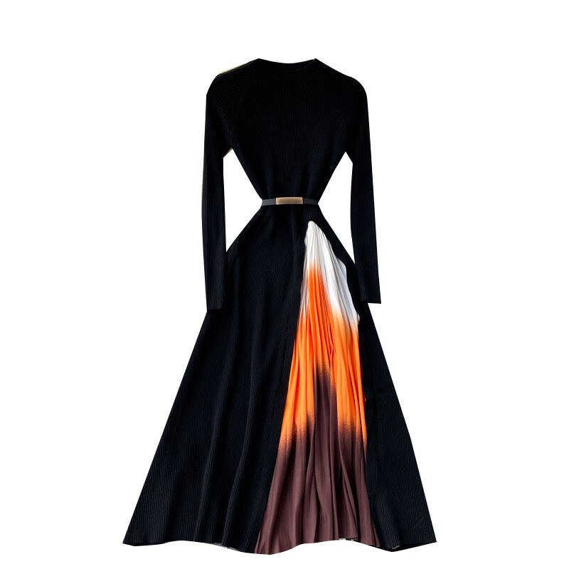 Lady Slim Knitted Midi Dress Pleated Black Long Sleeve Swing Gradient Casual