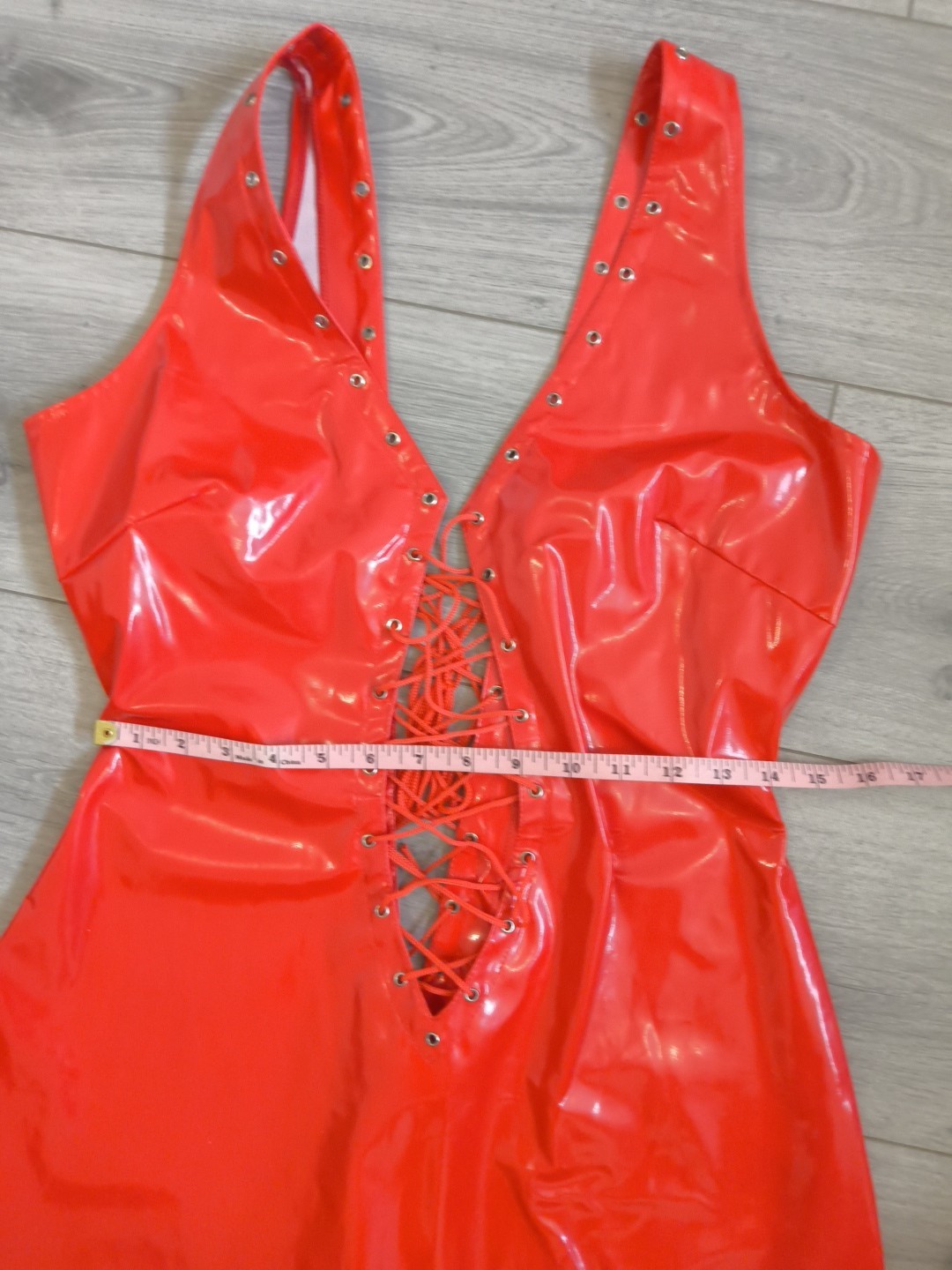 BNWOT Bright Red PVC Plunge Neck Lace Up Front & Back Bodycon Dress Size 10-14