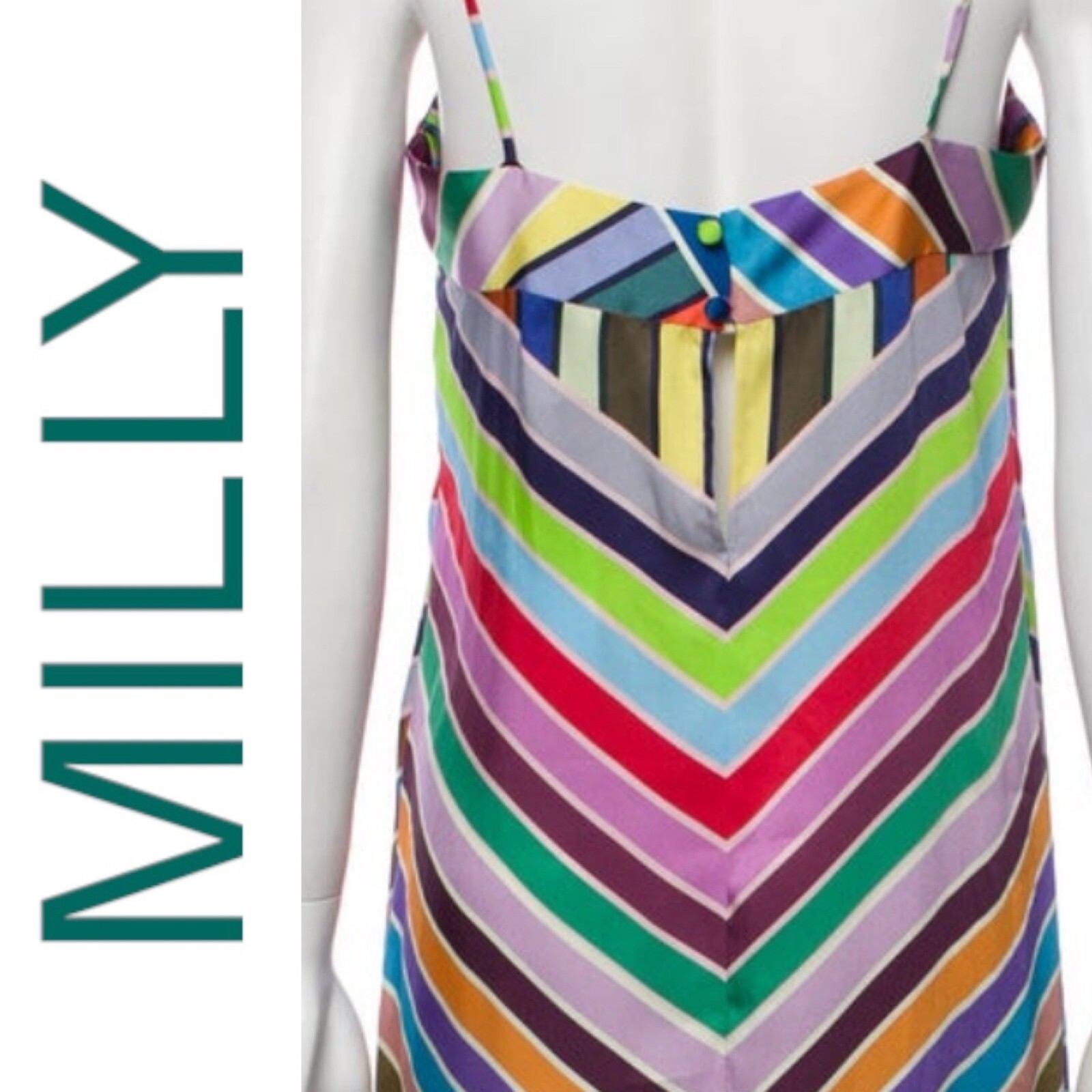 NWT MILLY Marissa Dress Colorful Rainbow Chevron Striped Knee Length Strappy Shi