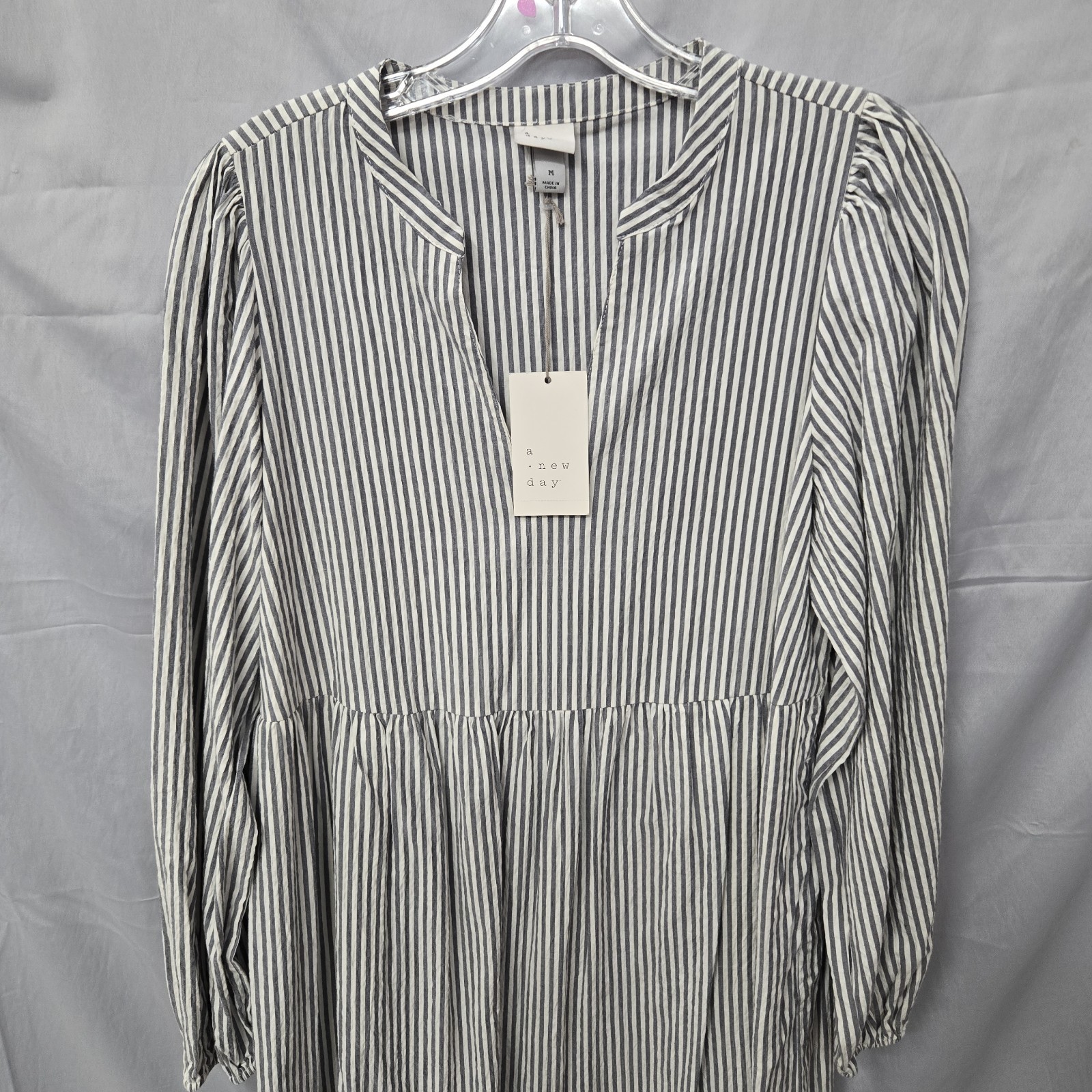 A New Day Womens Medium Cotton Blend Long Sleeve Striped Gray Navy Tiered Dress