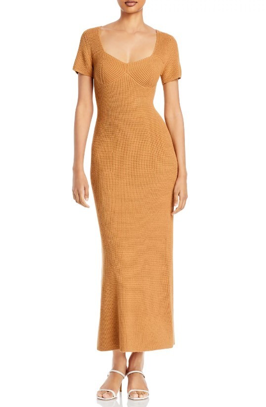Staud Camden Ribbed Knit Stretch Short Sleeve Sweater Maxi Dress Camel Brown S