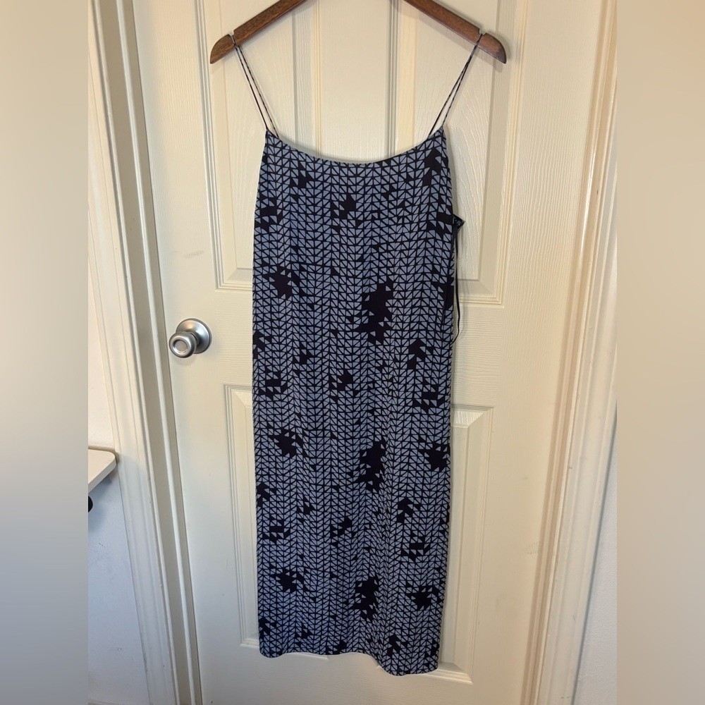 Theory Silk Tile Print Smocked‑Back Midi Slip Dress Blue White Size L