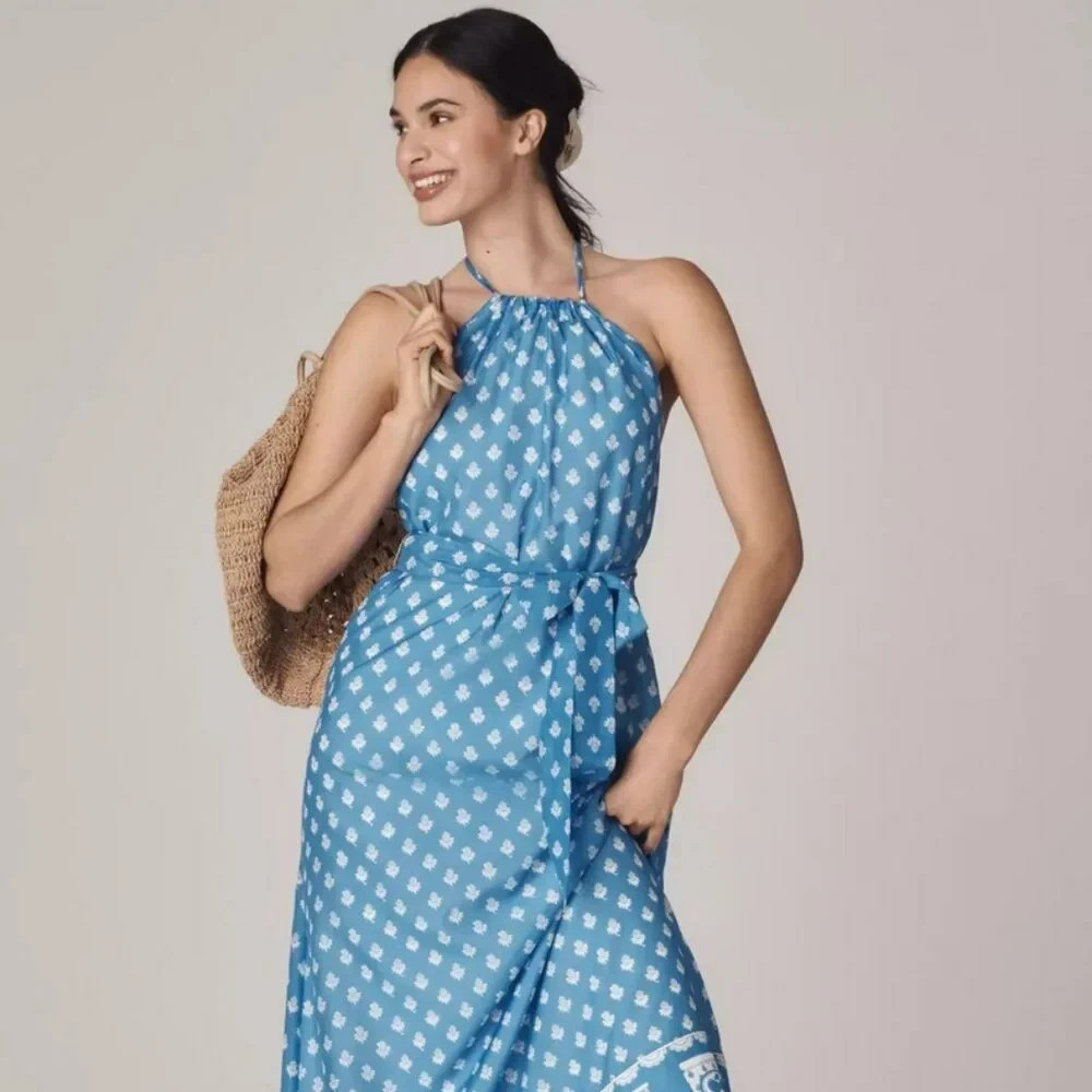 Anthropologie Rachel Antonoff Rainey Halter Maxi Dress Jam Jars Blue Size XS NWT