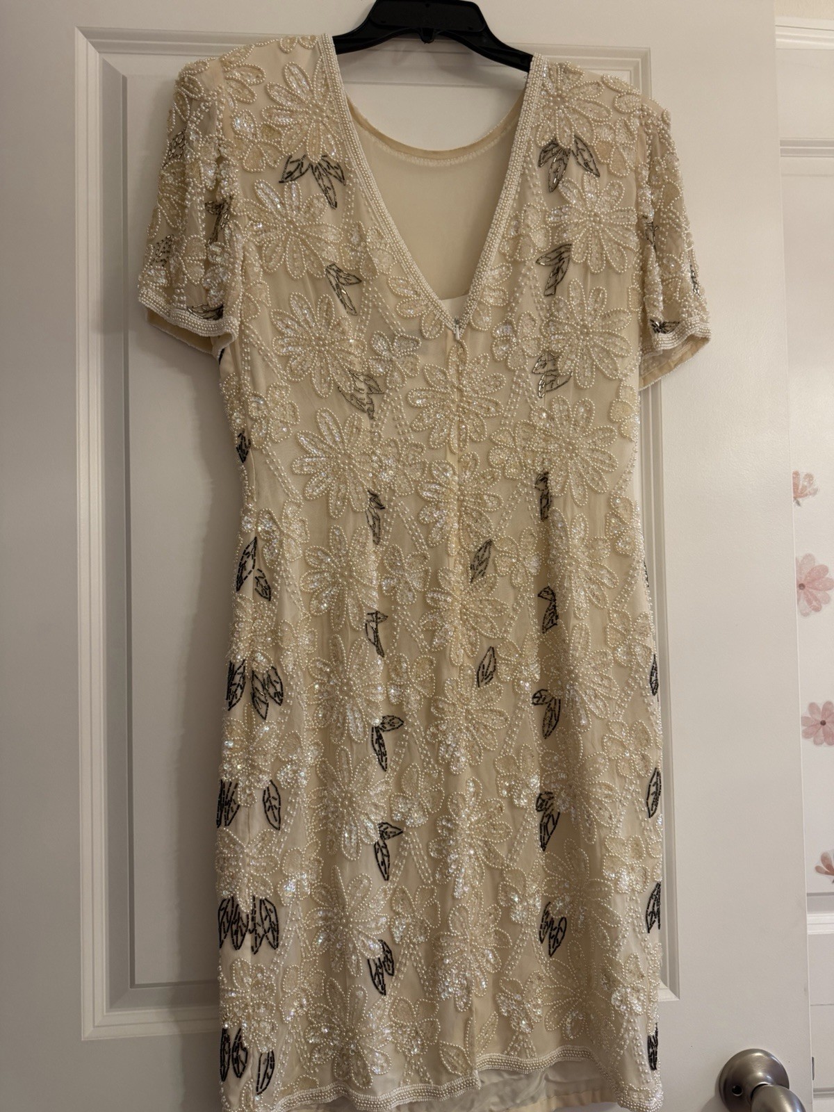 Joan Leslie Evenings 8 Ivory Beaded Sequin Mesh Silk Sheath Dress Knee