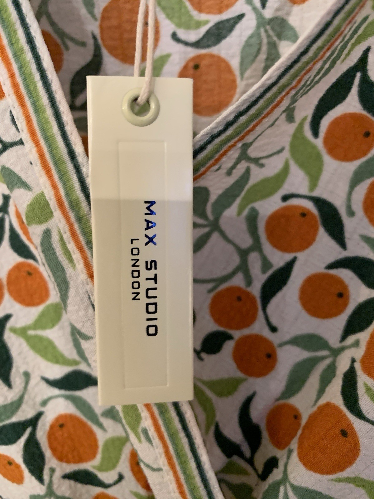 Max Studio London White Orange Green Floral Smocked V-Neck Mini Dress L NWT