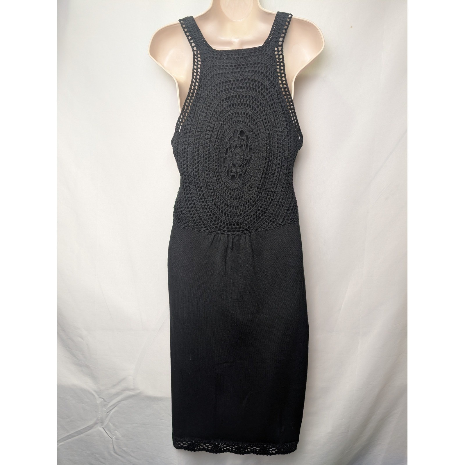 Dakini Black Knit Sleeveless Dress Crochet Back Medallion V-Neck Womens Large