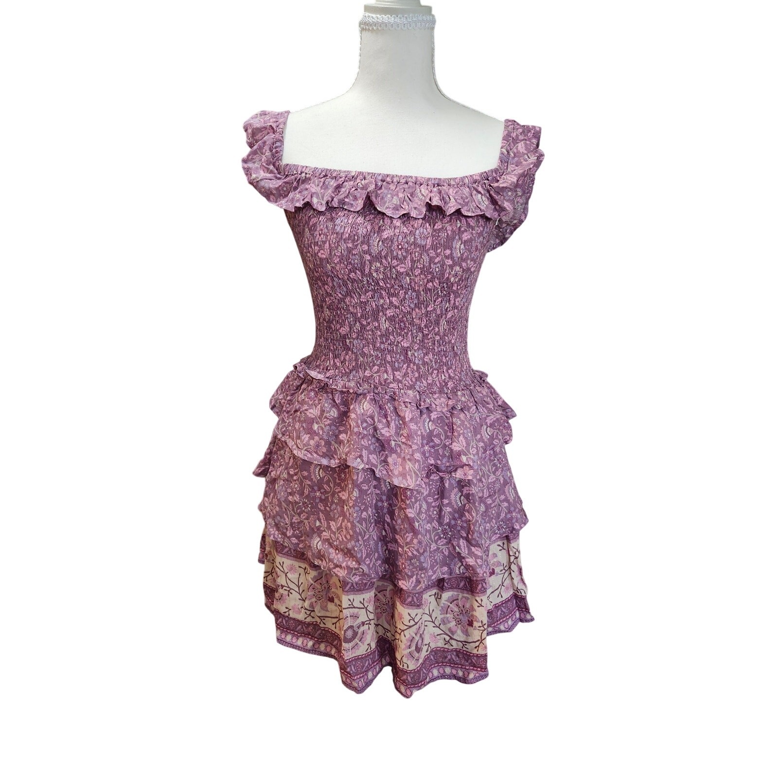 Spell & The Gypsy Dahlia Ra-Ra Mini Dress Mulberry Size Small Boho Floral Ruffle