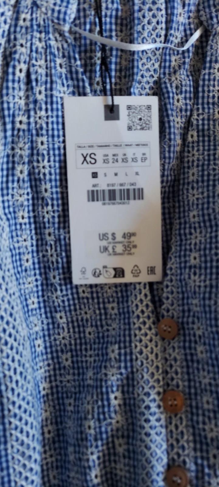 NWT Zara XS Blue/White Gingham V-Neck 3/4 Sleeve Button A-Line Mini Dress