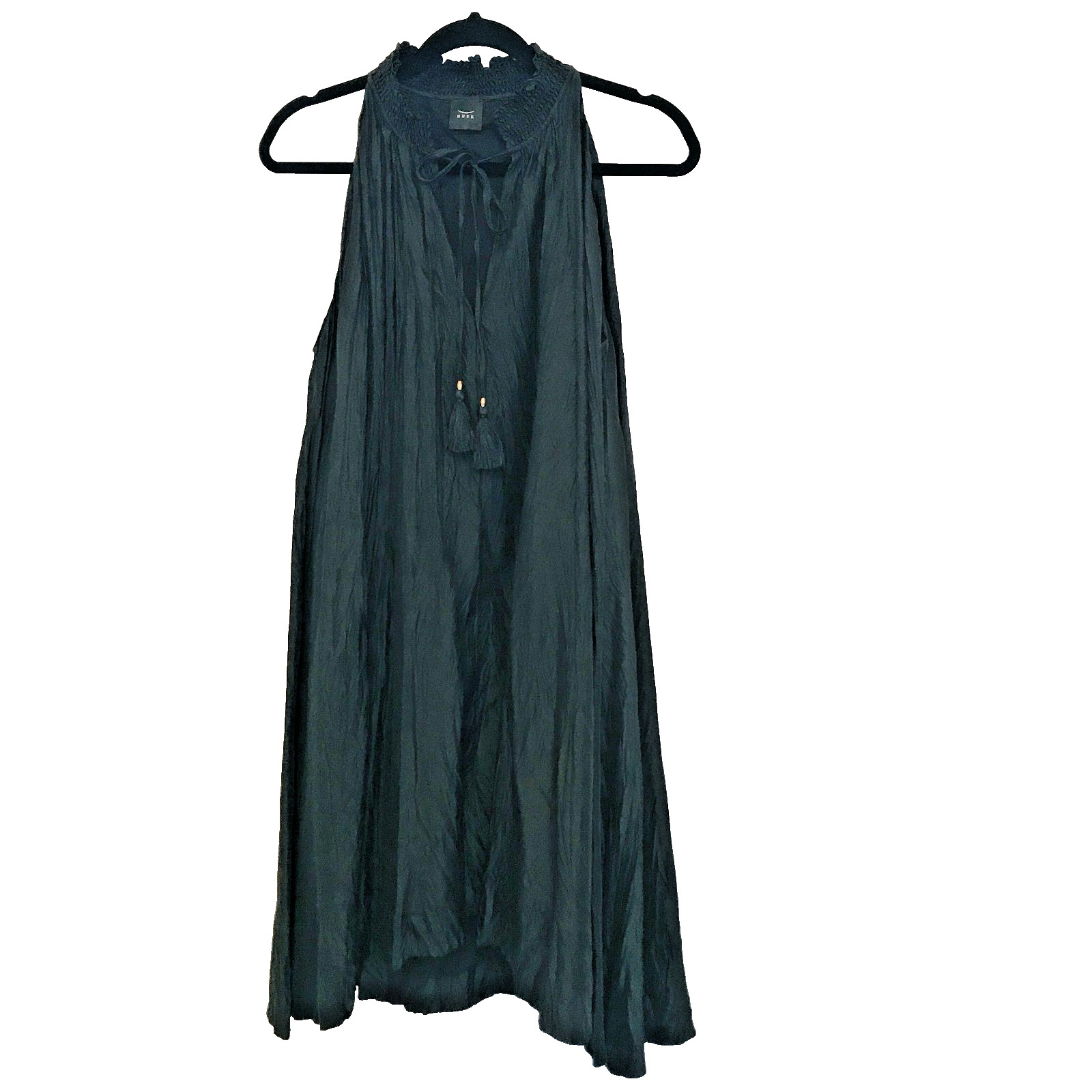 HUSK Silk Dress Short Black Sleeveless Tassel Tie Neck Oversized Size M EUC