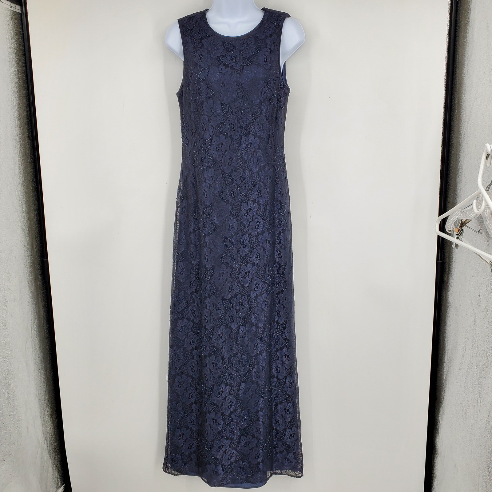 Rimini by Show Navy Blue Lace Beaded Sheath Gown Formal Evening Dress Size 12
