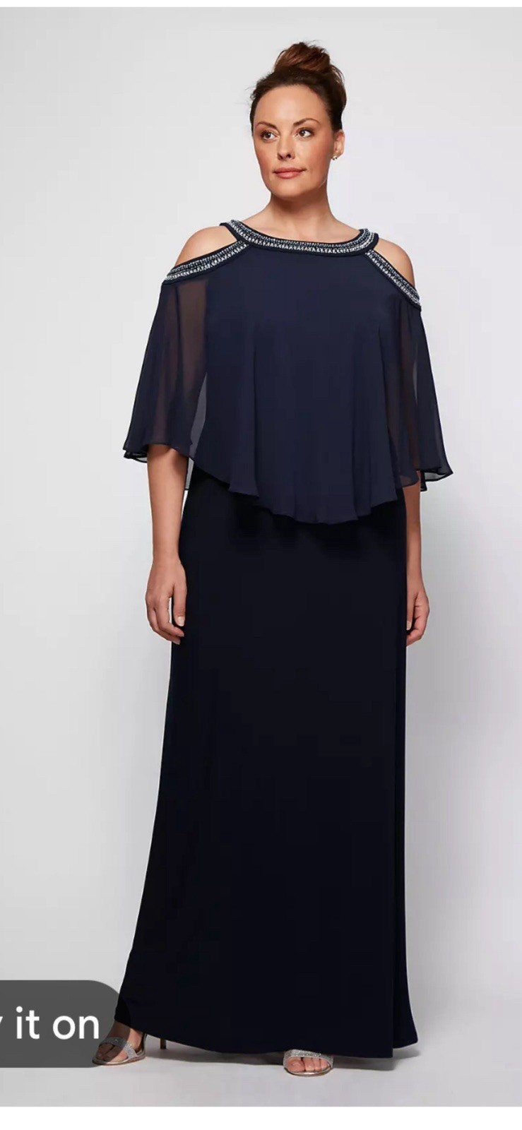 Alex Evenings Navy Chiffon Gown Round Neck Cold Shoulder Rhinestone Long 16