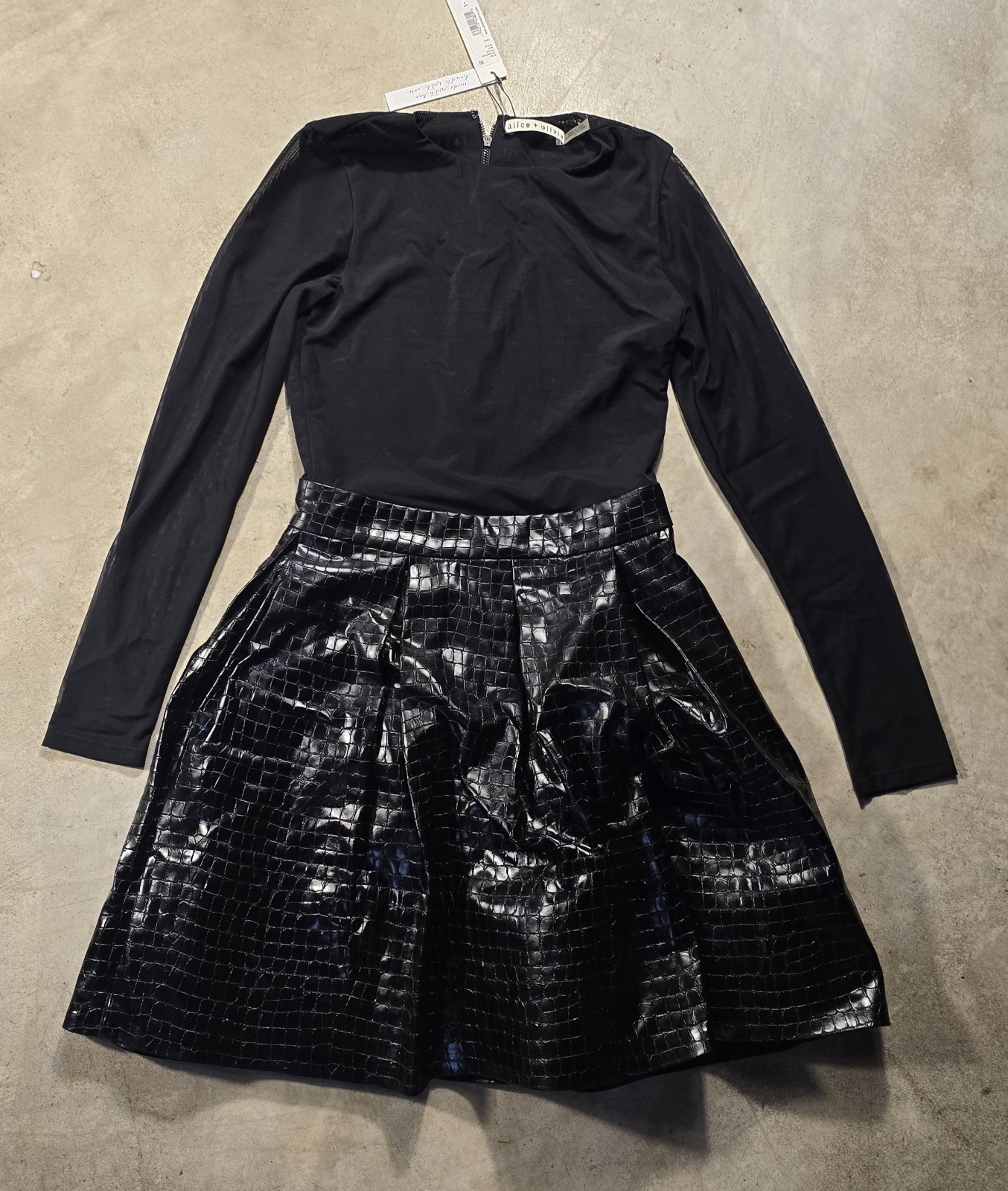 Alice + Olivia Fit & Flare Mini Party Dress 6 Black Chara Vegan Leather NWT