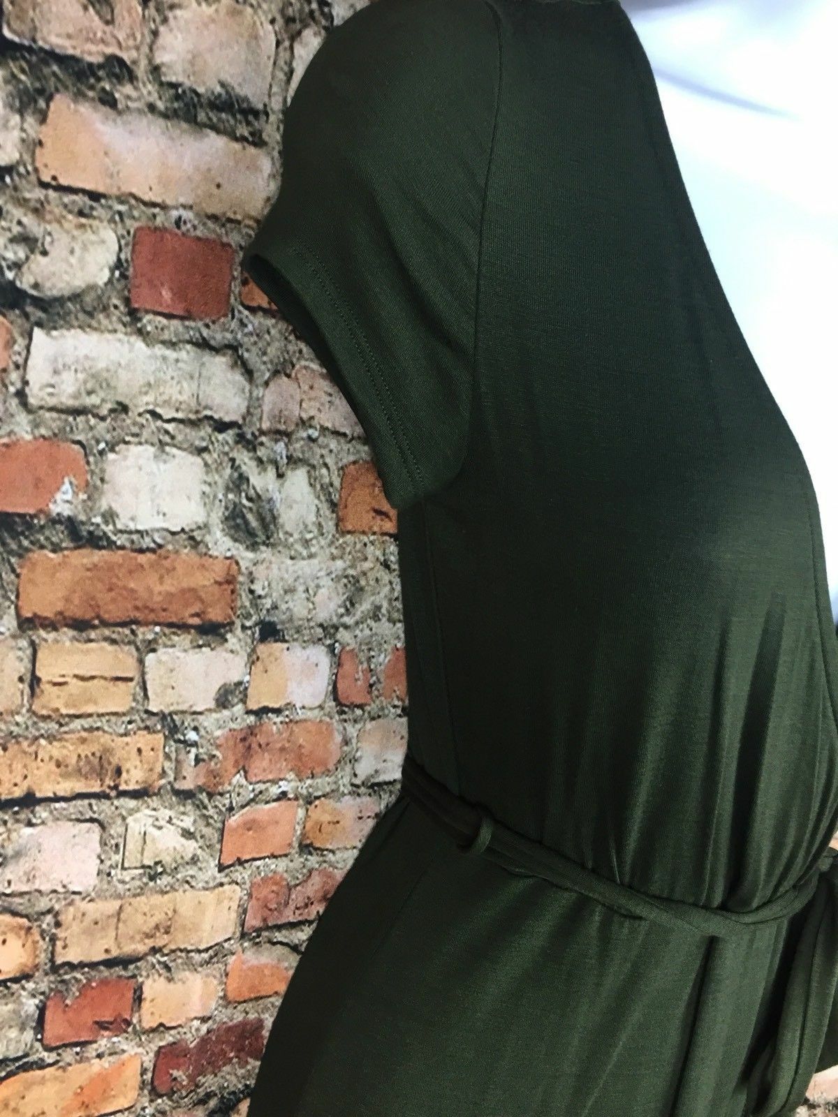 Poetry Asymmetrical Mini Wrap Dress Olive Green Stretch Soft V Neck Vintage New