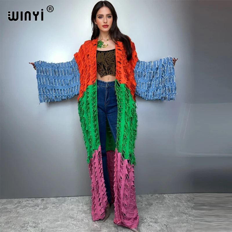Kimono Colored Denim Cardigan Maxi Dress Beach Wear Cover-Up Abaya Dubai Luxury