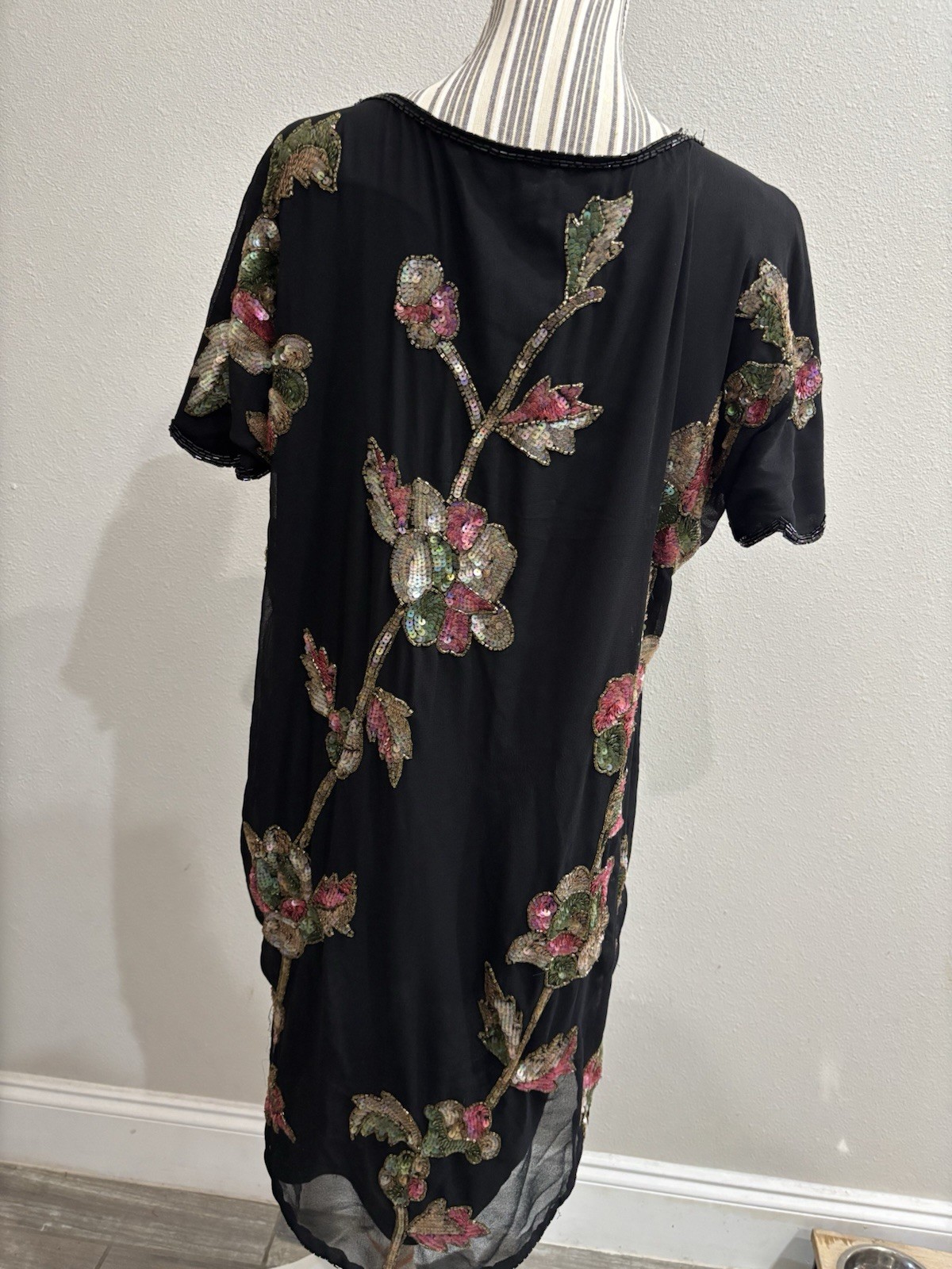Alberto Makali Black Chiffon Sequin Floral Beaded Tunic Shift Mini Dress Size L