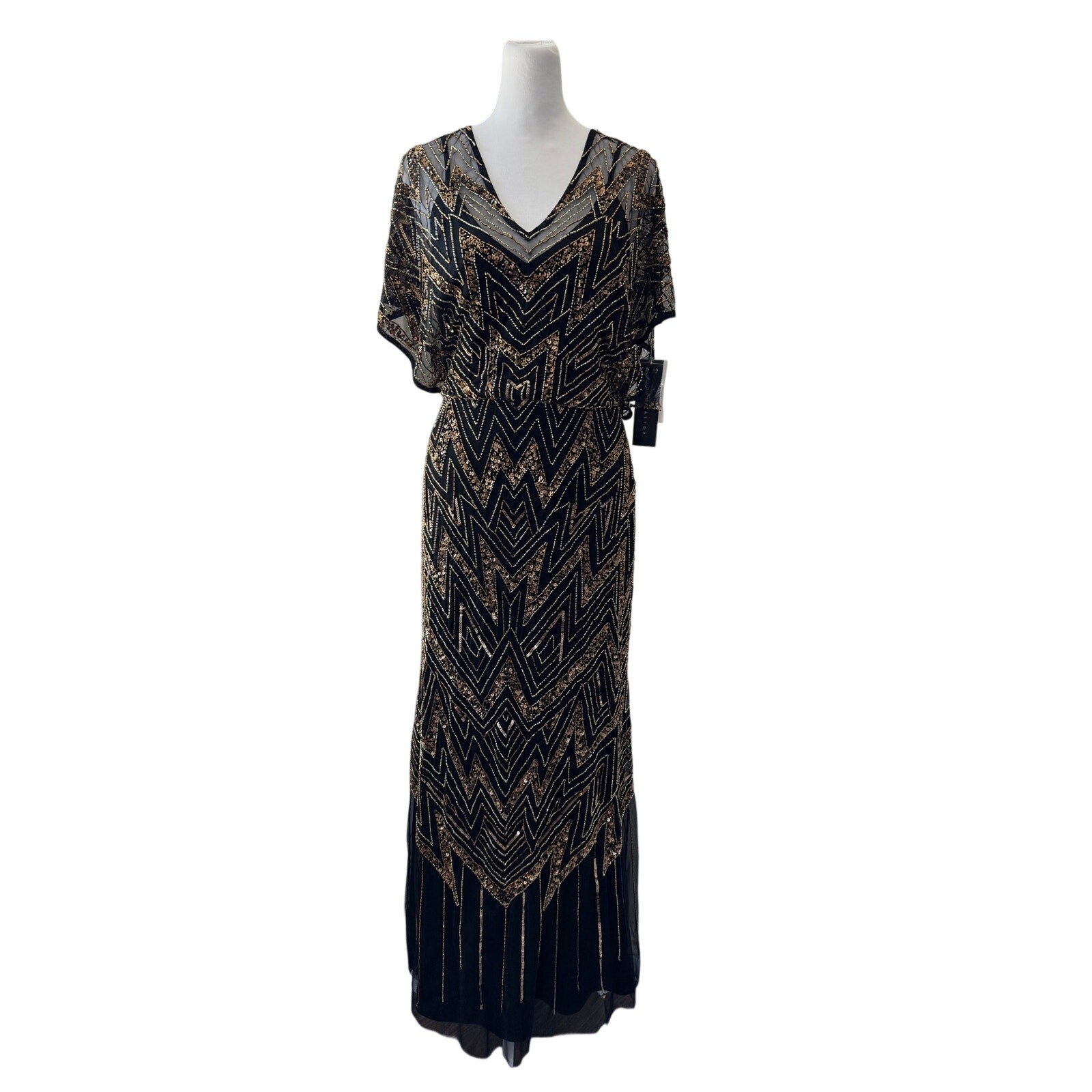 NWT Aidan Mattox Black Sequined Beaded V-Neck Short Sleeve Gown