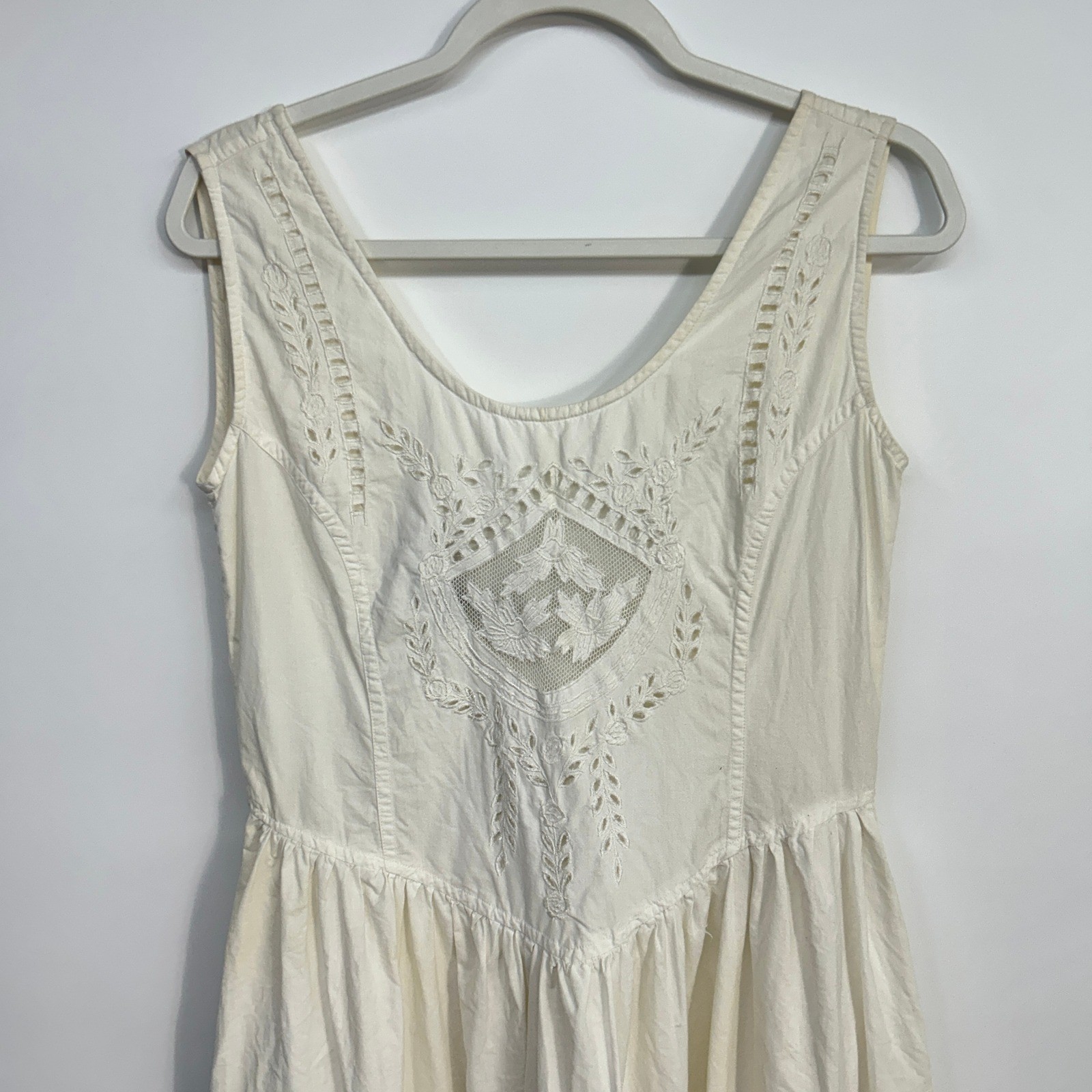 Cottagecore Eyelet Embroidered Midi Dress Small Cream White Back Bow Coquette