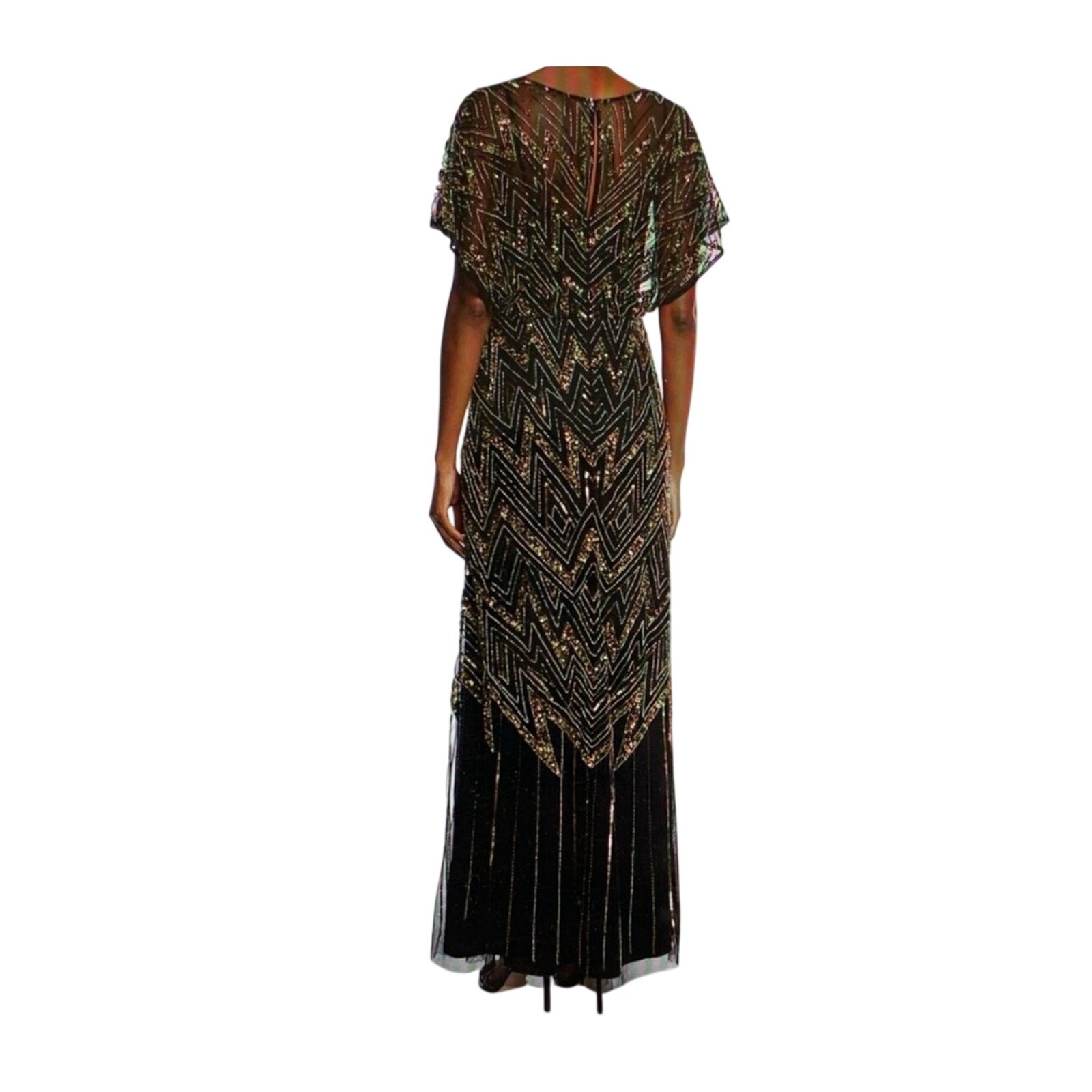NWT Aidan Mattox Black Sequined Beaded V-Neck Short Sleeve Gown