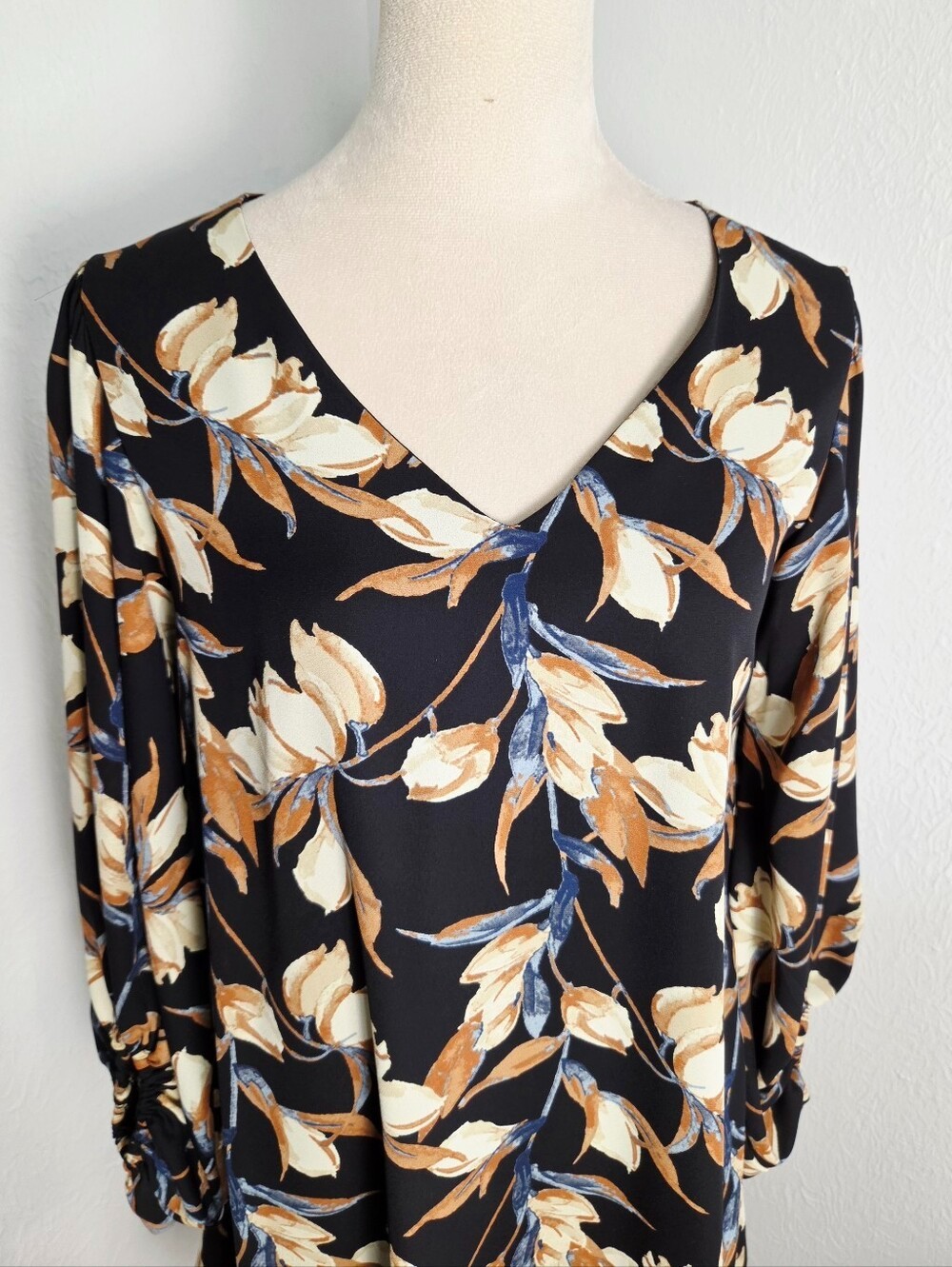 Adrienne Black, Cream, Blue Rust Floral Shift Dress Long Balloon Sleeves, Small