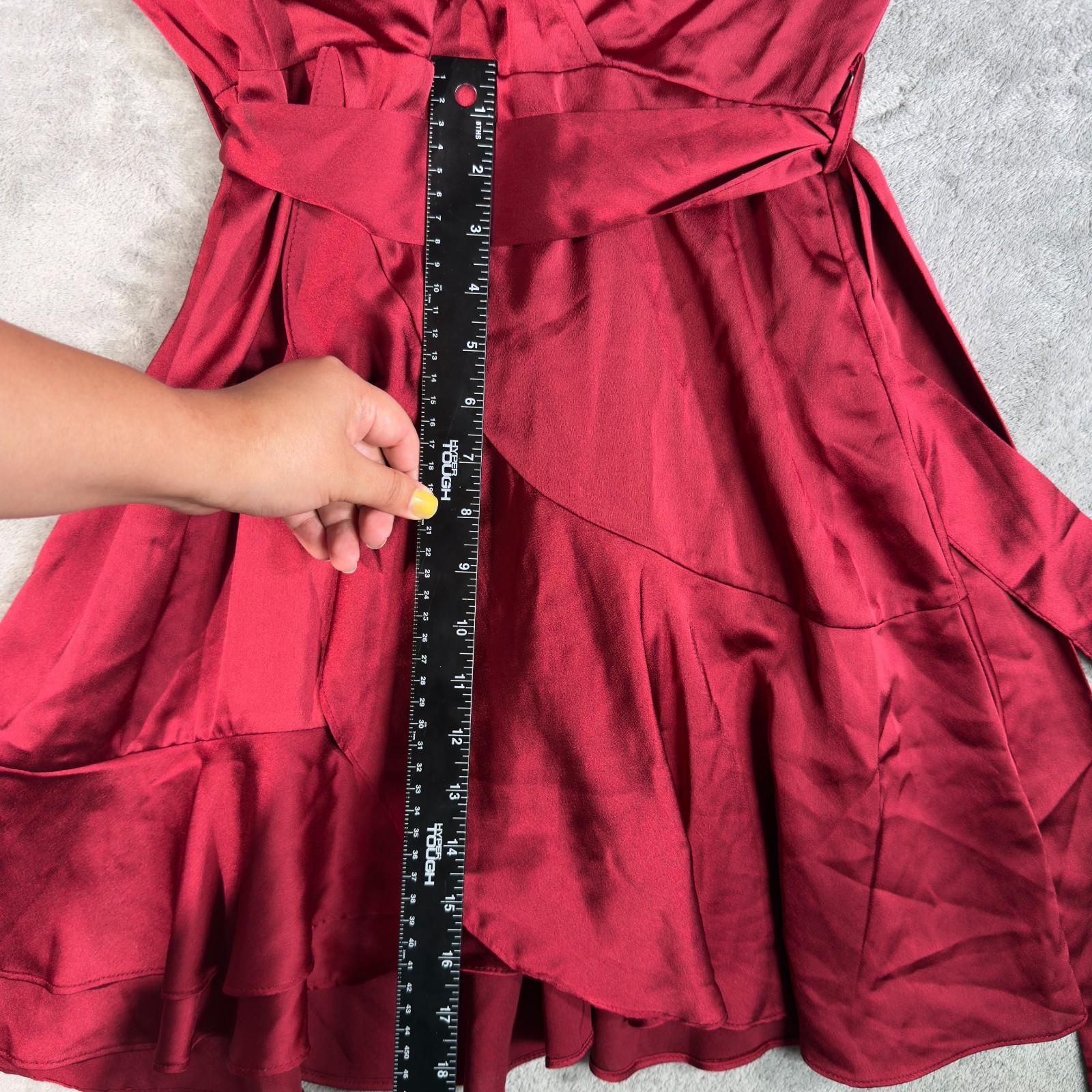SHEIN Burgundy Wrap Style Mini Dress M Bell Sleeve Ruffle Hem Tie Waist