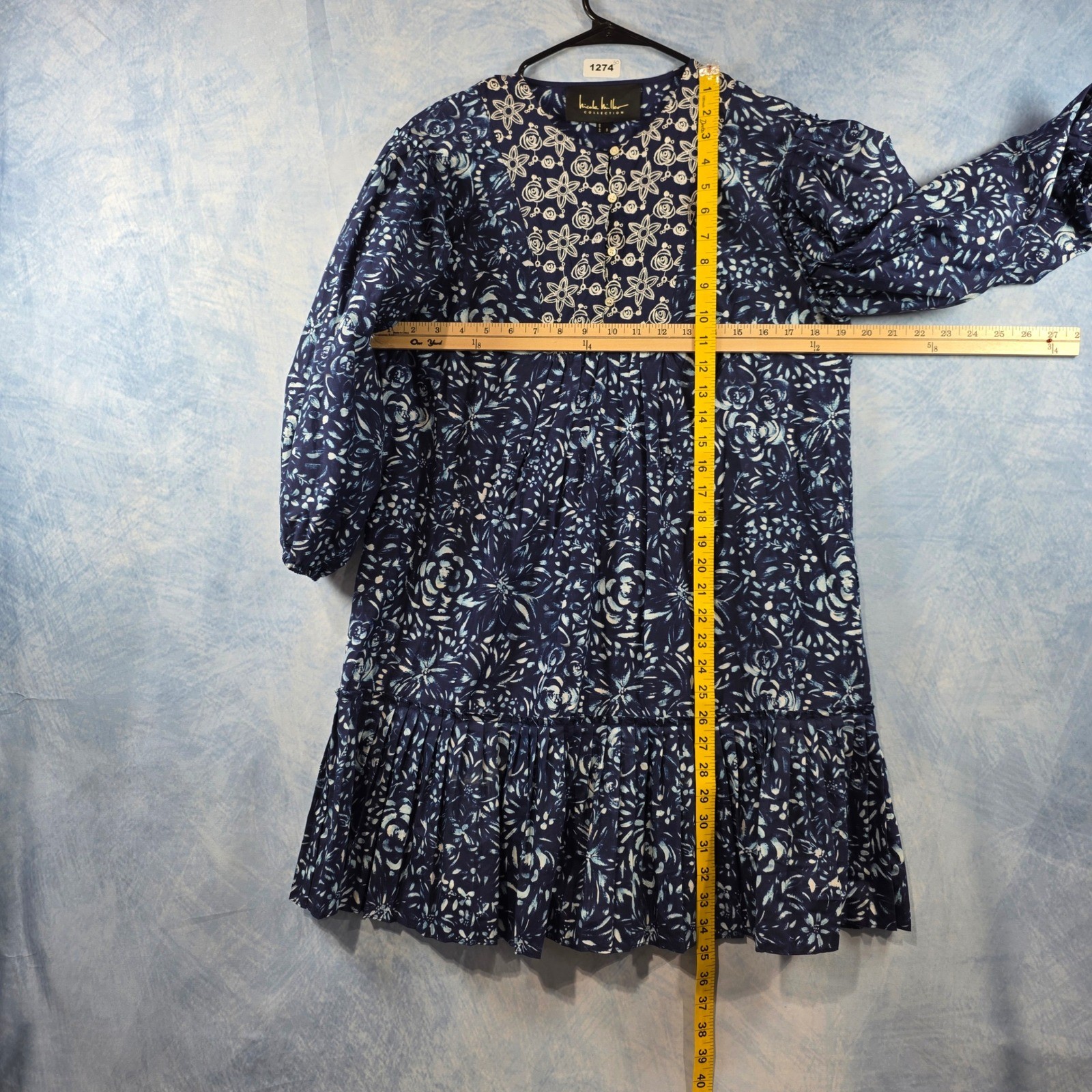 Nicole Miller Collection Navy Blue Floral Embroidered Drop Waist Dress Womens S