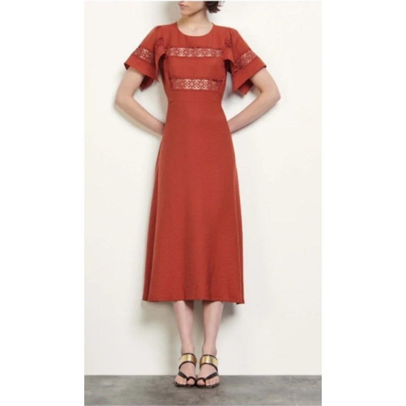 Sandro Benila Lace Trim Dress in Terracotta Rust Size 34 or 2 Quiet Luxury