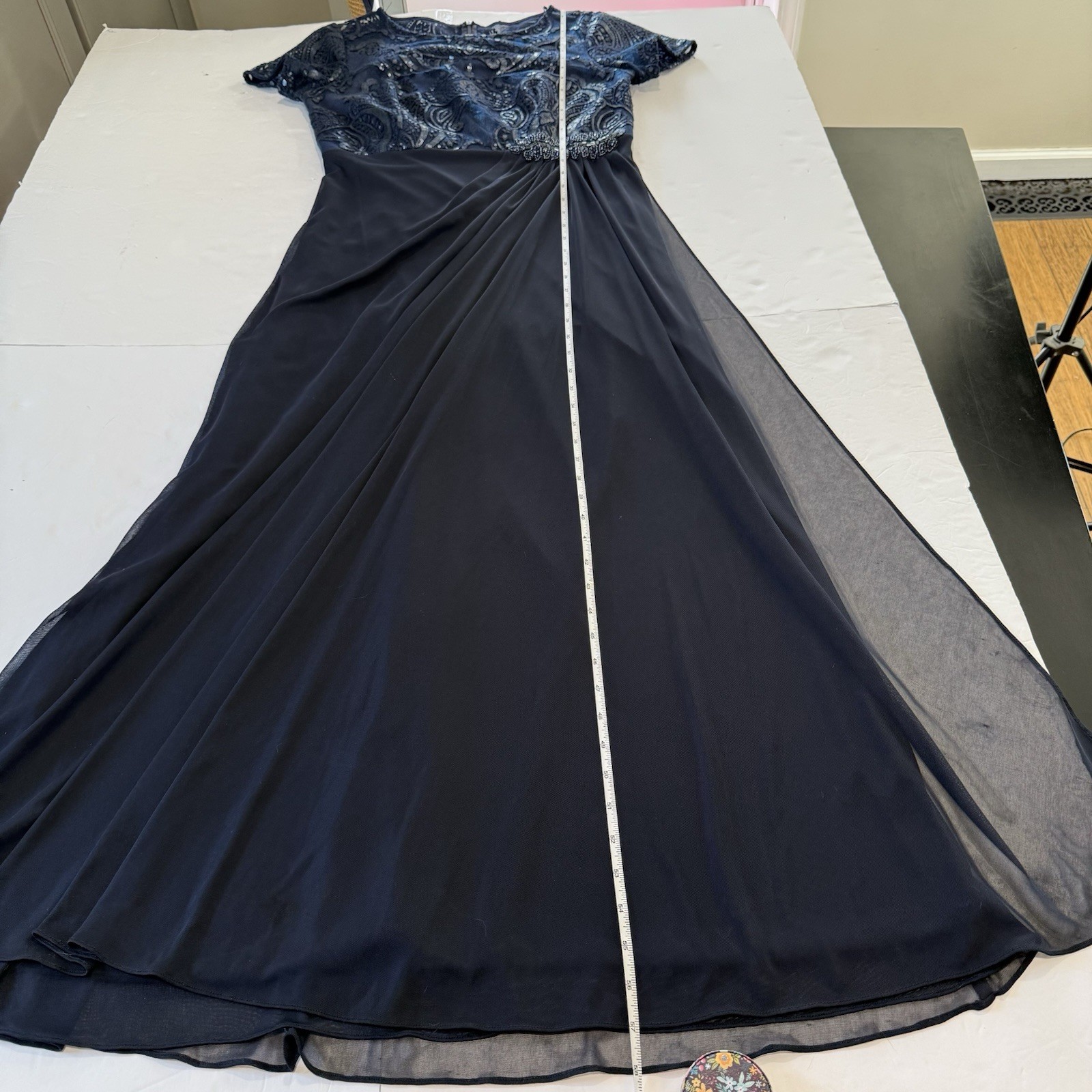 Alex Evenings Navy Blue Sequin Draped Short Sleeve Maxi Dress Size 10 Wedding