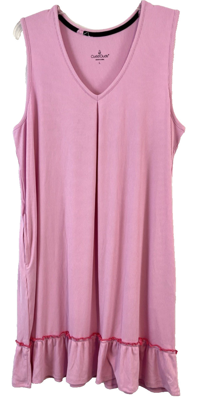 Cuddl Duds V Neck Sleeveless Tank Dress Pink Sz Large Pull On Women CB93H
