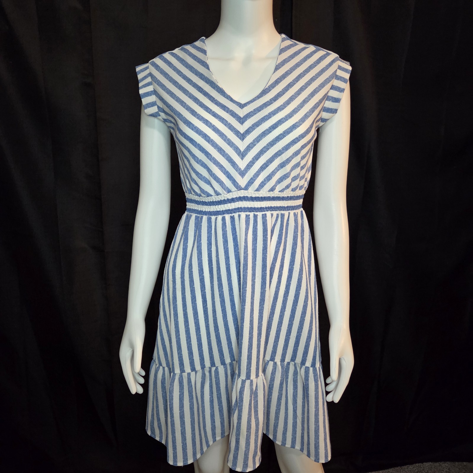 Monteau Blue & White Striped V-Neck Smocked Waist Ruffle Hem Dress Size S