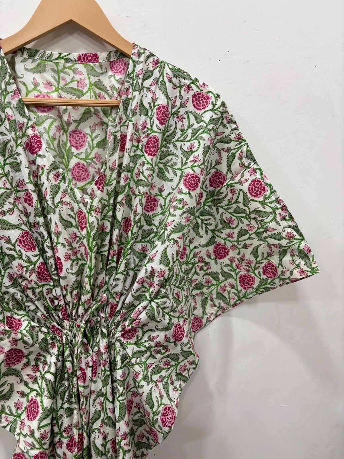 Women Pink Floral Cotton Kaftan Dress Beach Cover Up Boho Resort Wear