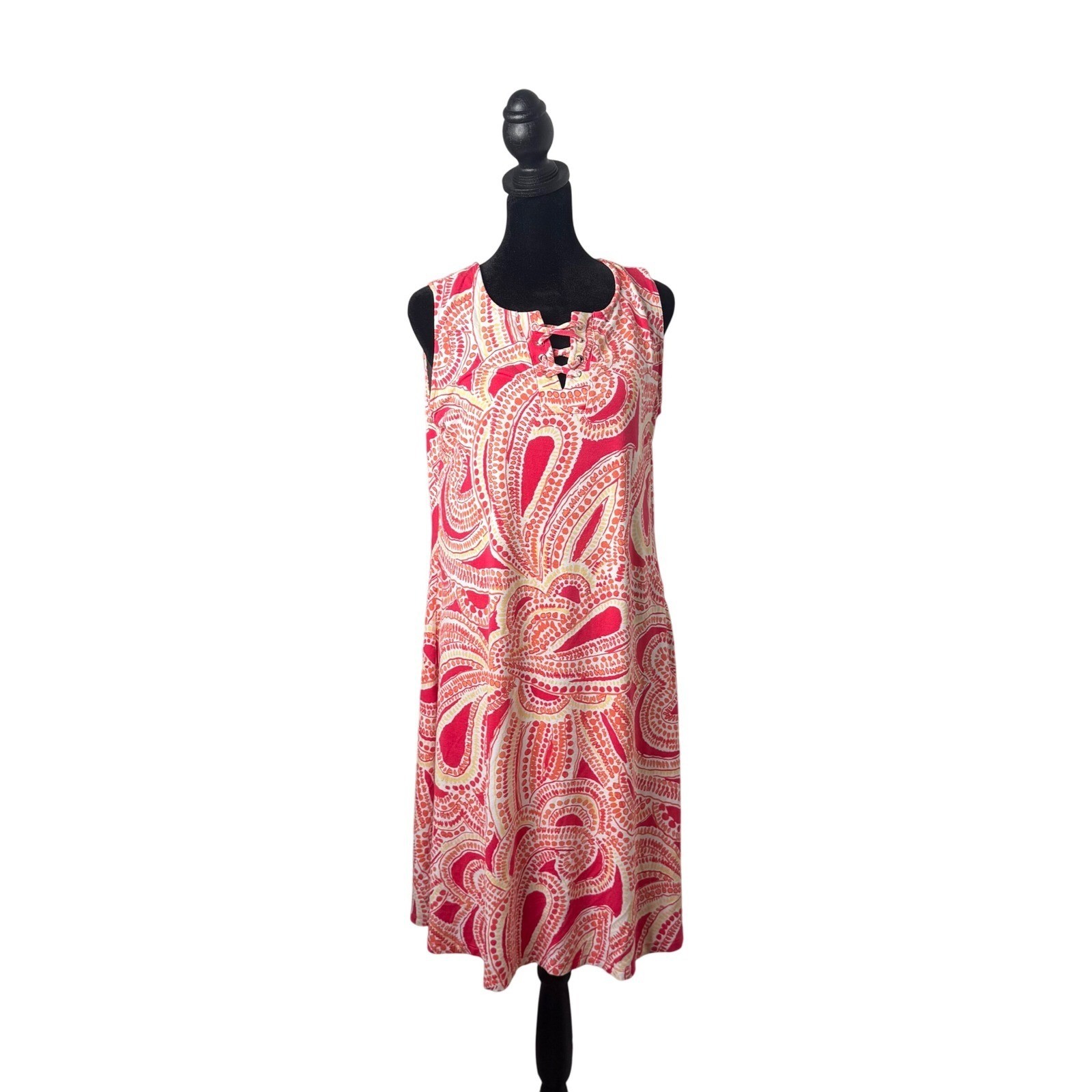 Chicos Pink White Paisley Lace Up Shift Dress Womens M Mosaic Shelley Sleeveless