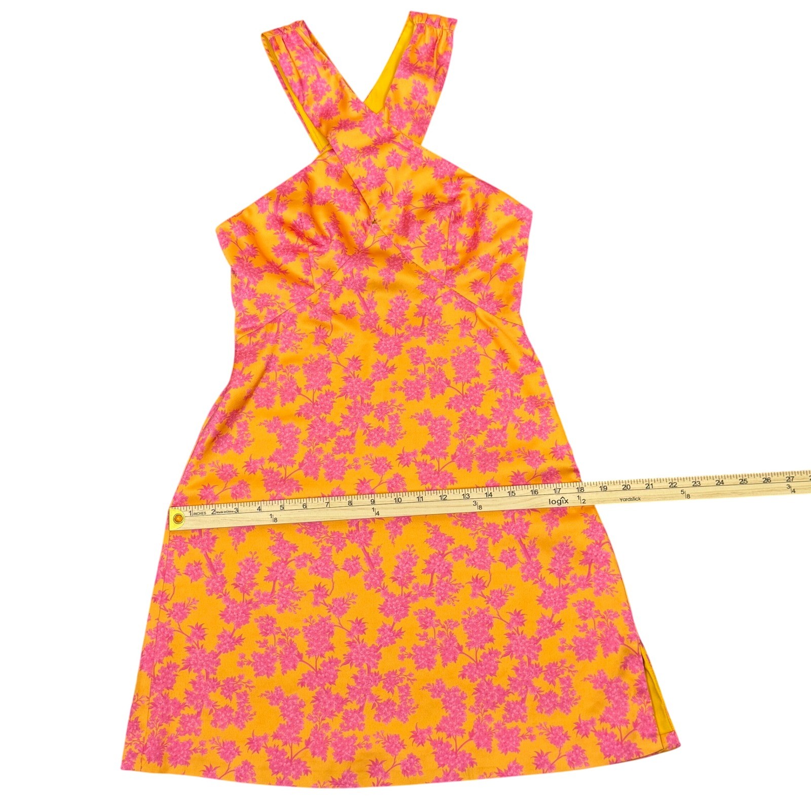 Slate & Willow Yellow Pink Floral Halter Mini Dress Small Tropical Side Slit