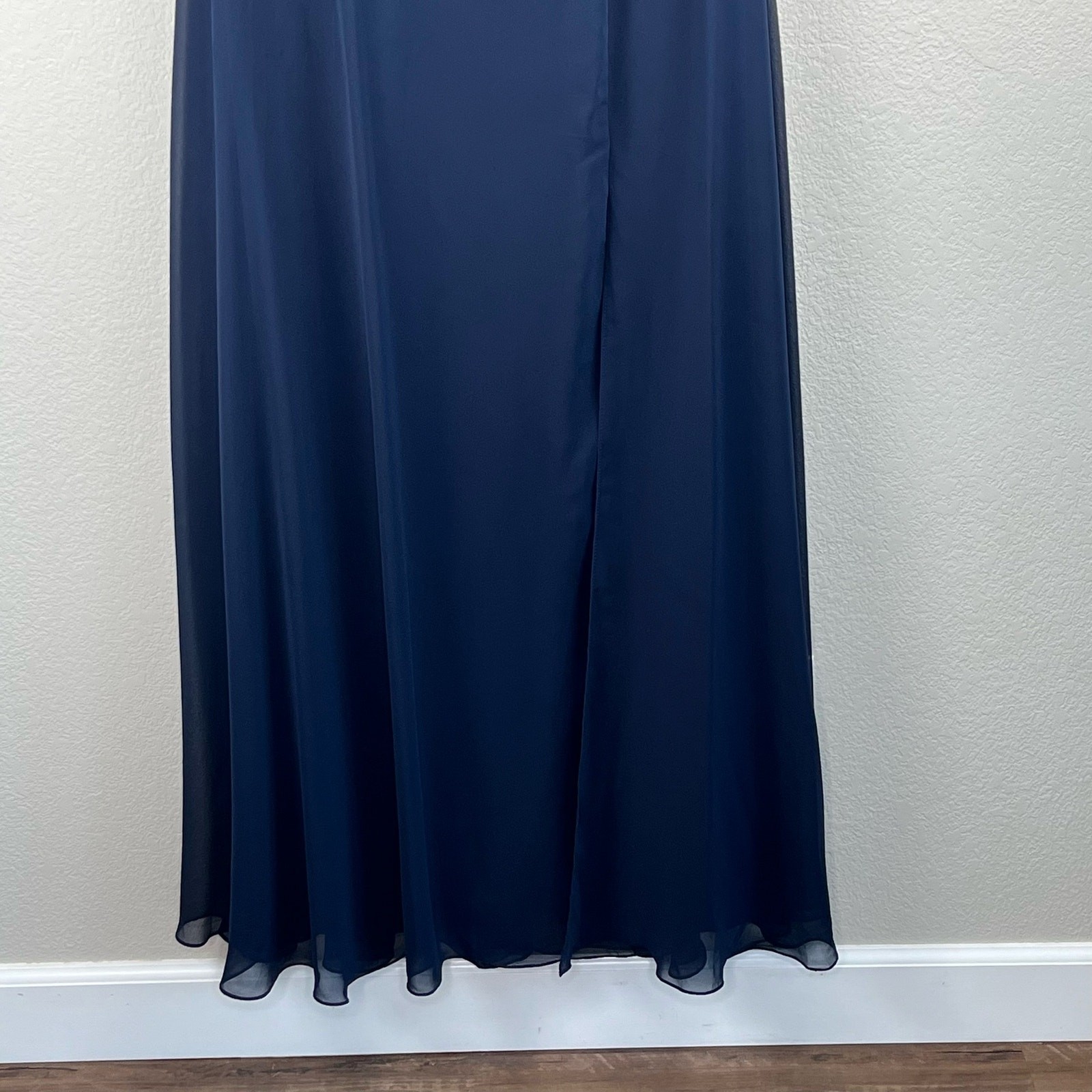 After Six Navy Lux Chiffon Gown Off Shoulder Formal Maxi 4 Prom Wedding NWOT