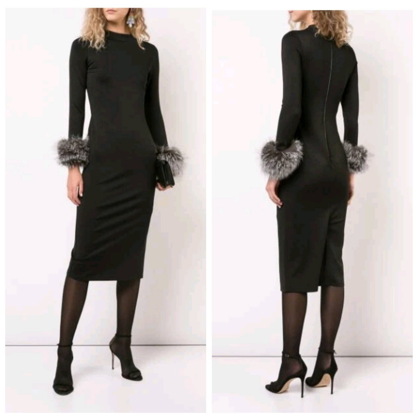 ALICE + OLIVIA Delora Fox Fur-cuff Sleeve Black Midi Dress. Size 4 $550
