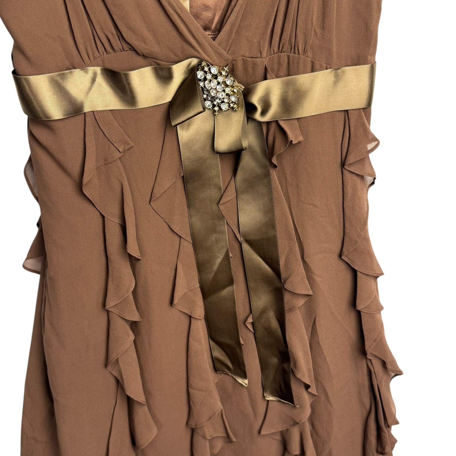 BCBGMAXAZRIA Brown 100% Silk Ruffle Mini Dress Rhinestone Brooch Empire Waist 4