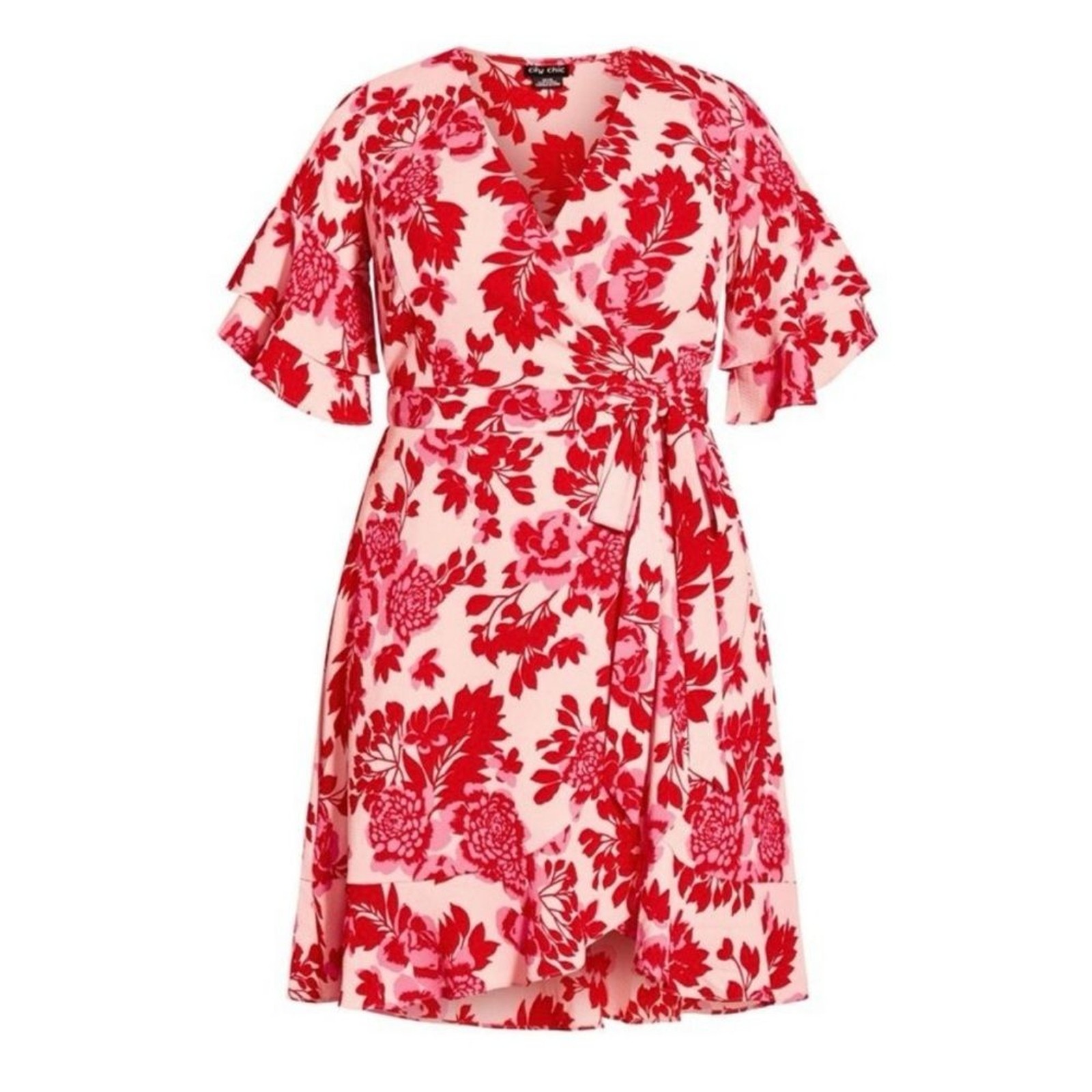 City Chic Trendy Plus Size Mini Dress in Scarlet Floral size Large/20 Faux Wrap