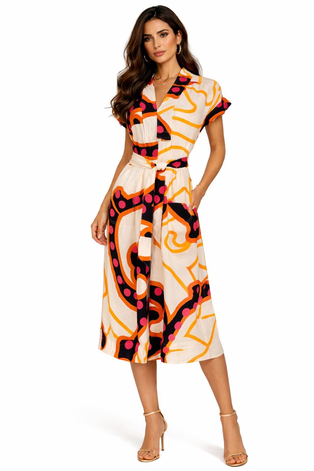 Womens White Stuff Dress Orange Marianne Midi Linen Blend Abstract Print