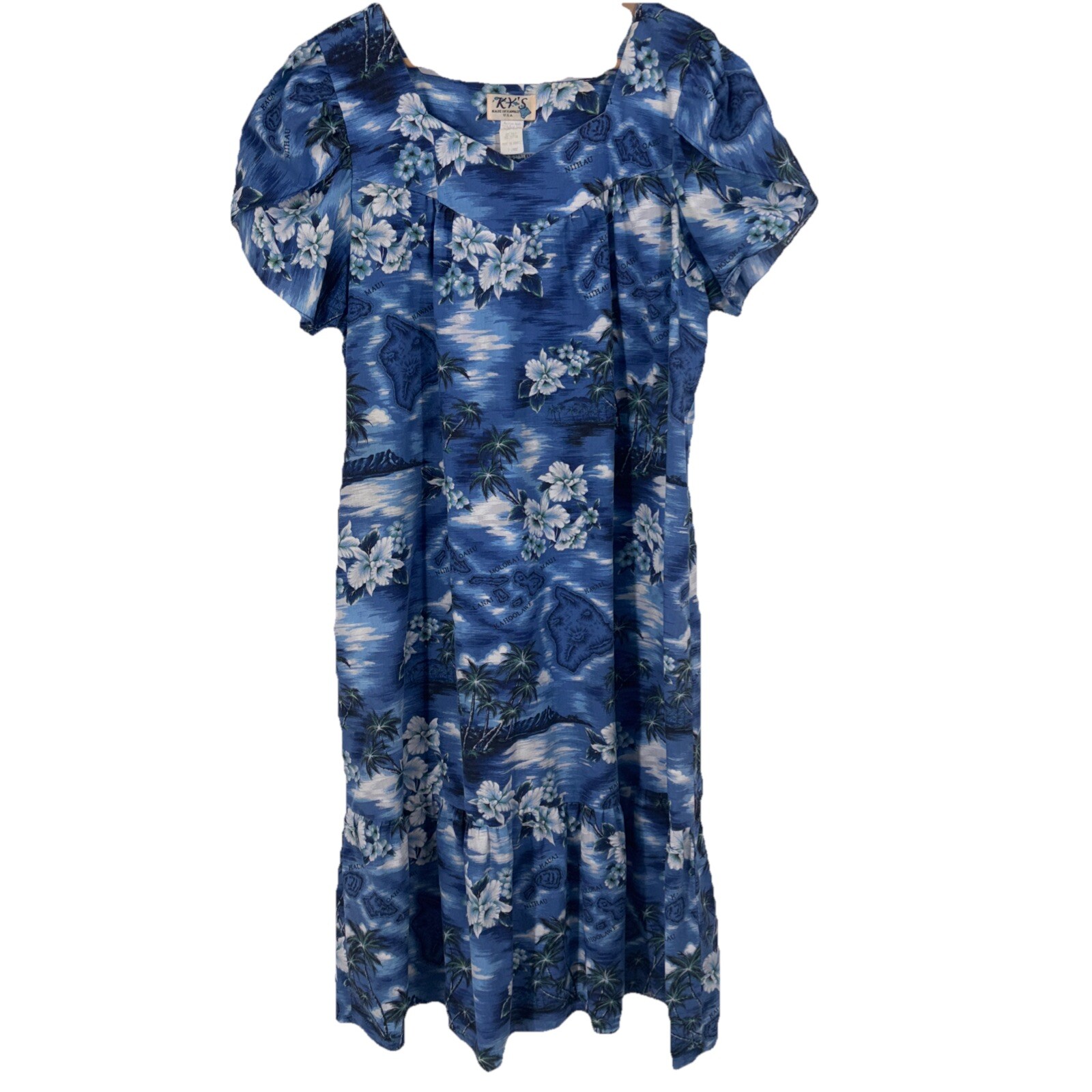 Vintage Kys Hawaiian Print Midi Dress XL Blue Map Floral Print Tropical Beach