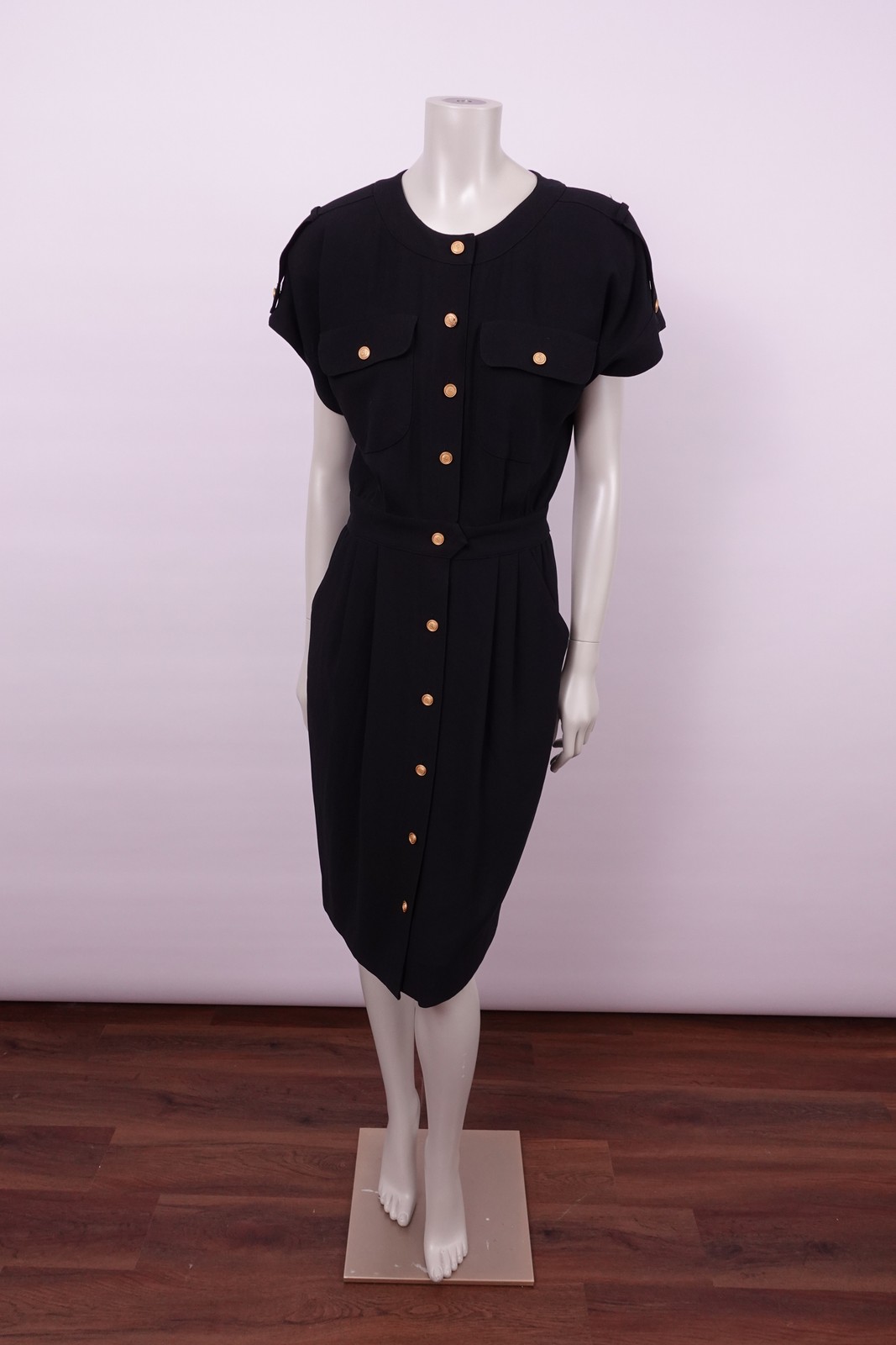 Black Crepe Button Up Shirt-Waist Dress With Gold Buttons
