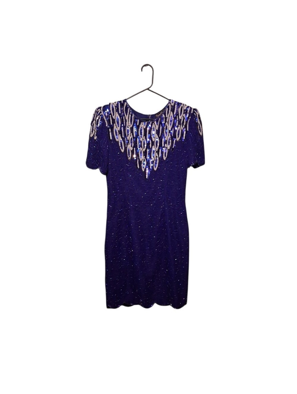 Vintage Blue Beaded Silk Dress Size 8 Sequin Glam Holiday 80’s Halloween Costume