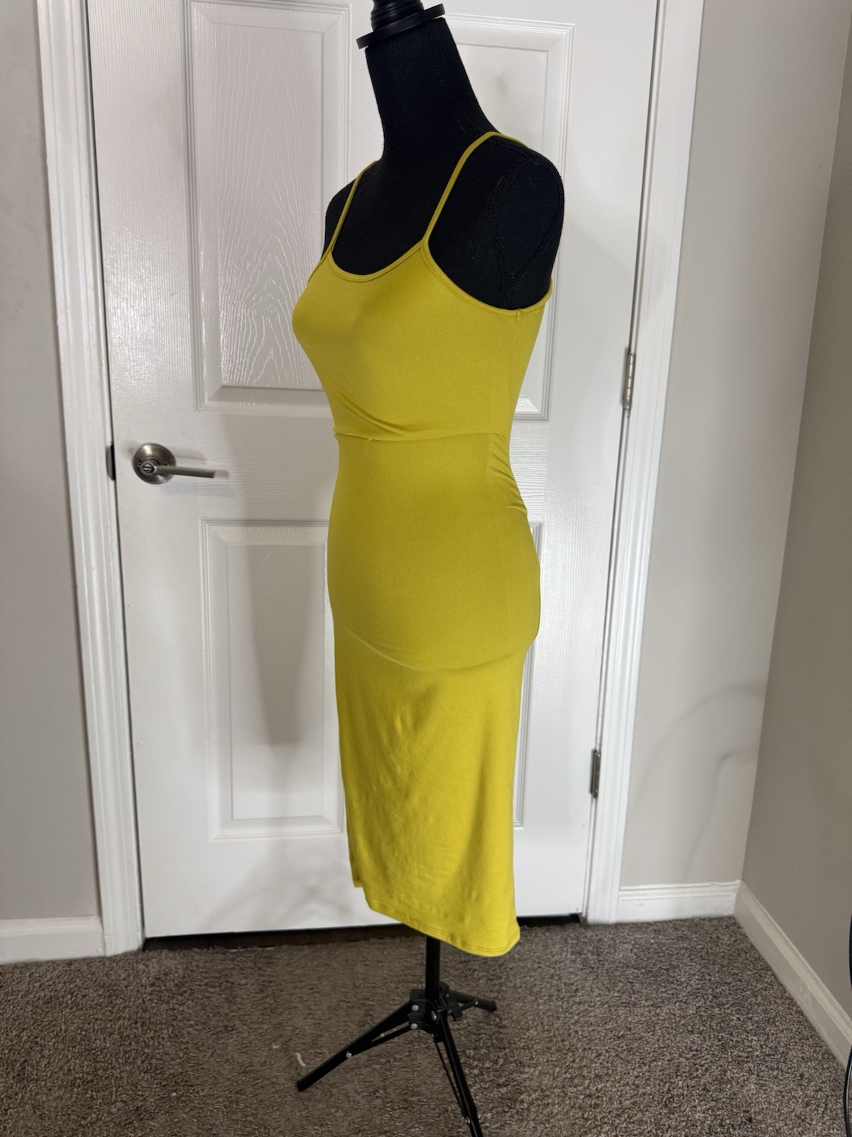 Women’s Yellow Knit Square Neck Strappy Stretch Bodycon Midi Dress Size S