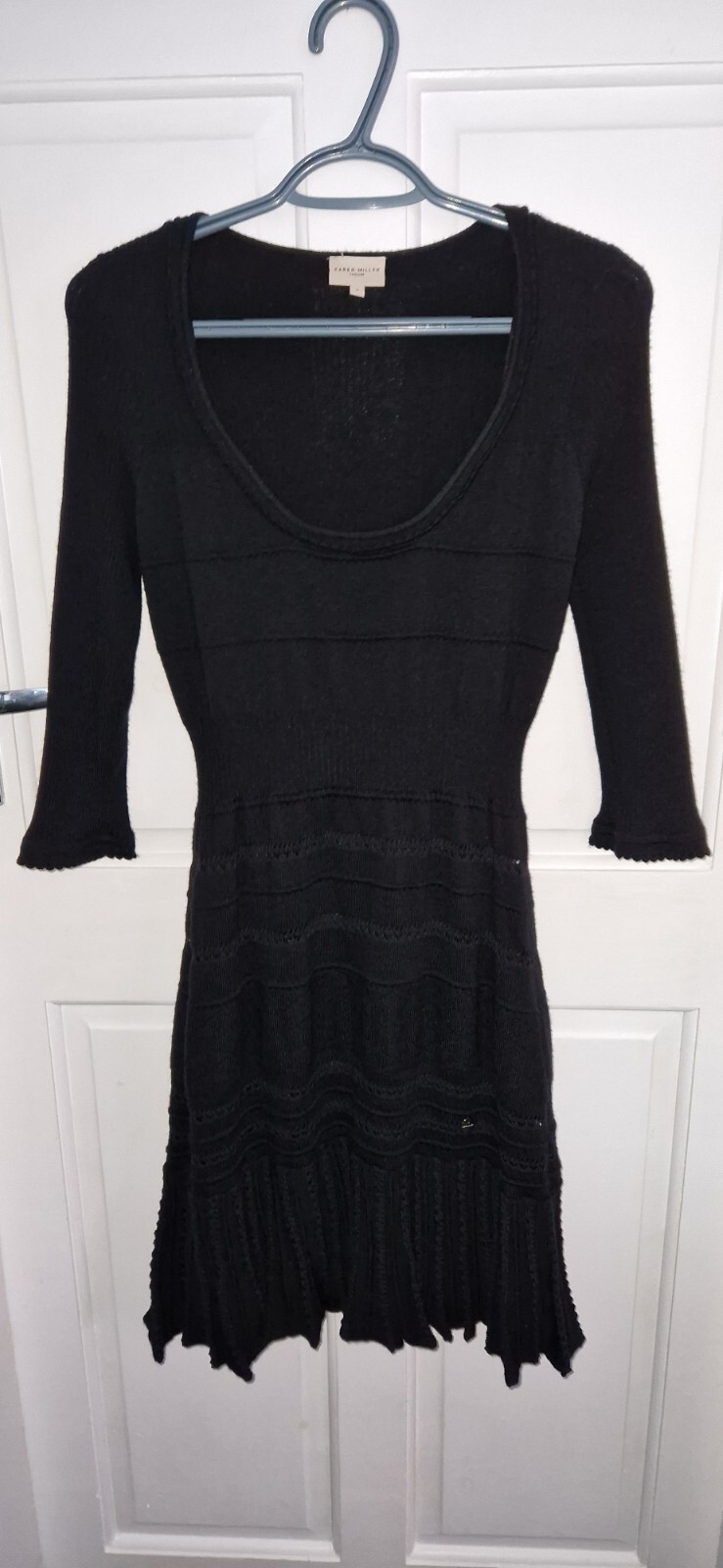 Karen Millen Dress Size 3 Black Wool Blend Crochet Knitted Stretch Lined Spring