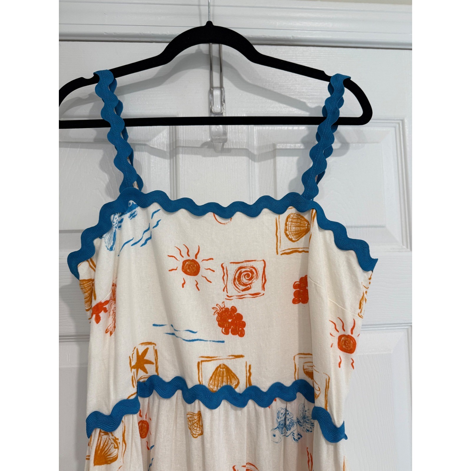 CeCe Coastal Print Linen Blend Ric Rac Trim Midi Dress Cream Orange Blue Medium
