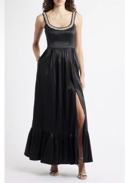 New Hutch Ericha Crystal Embellished Satin Gown In Black Sz 6 $350