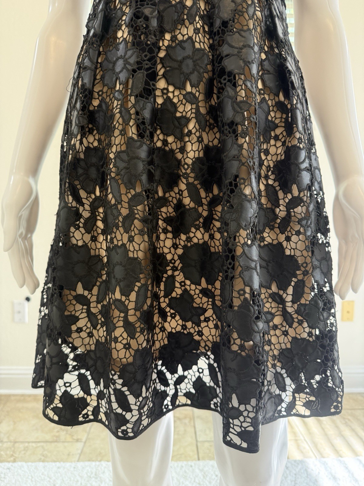 Romeo & Juliet Couture Black and Nude Floral Eyelet Lace Illusion Dress SizeS