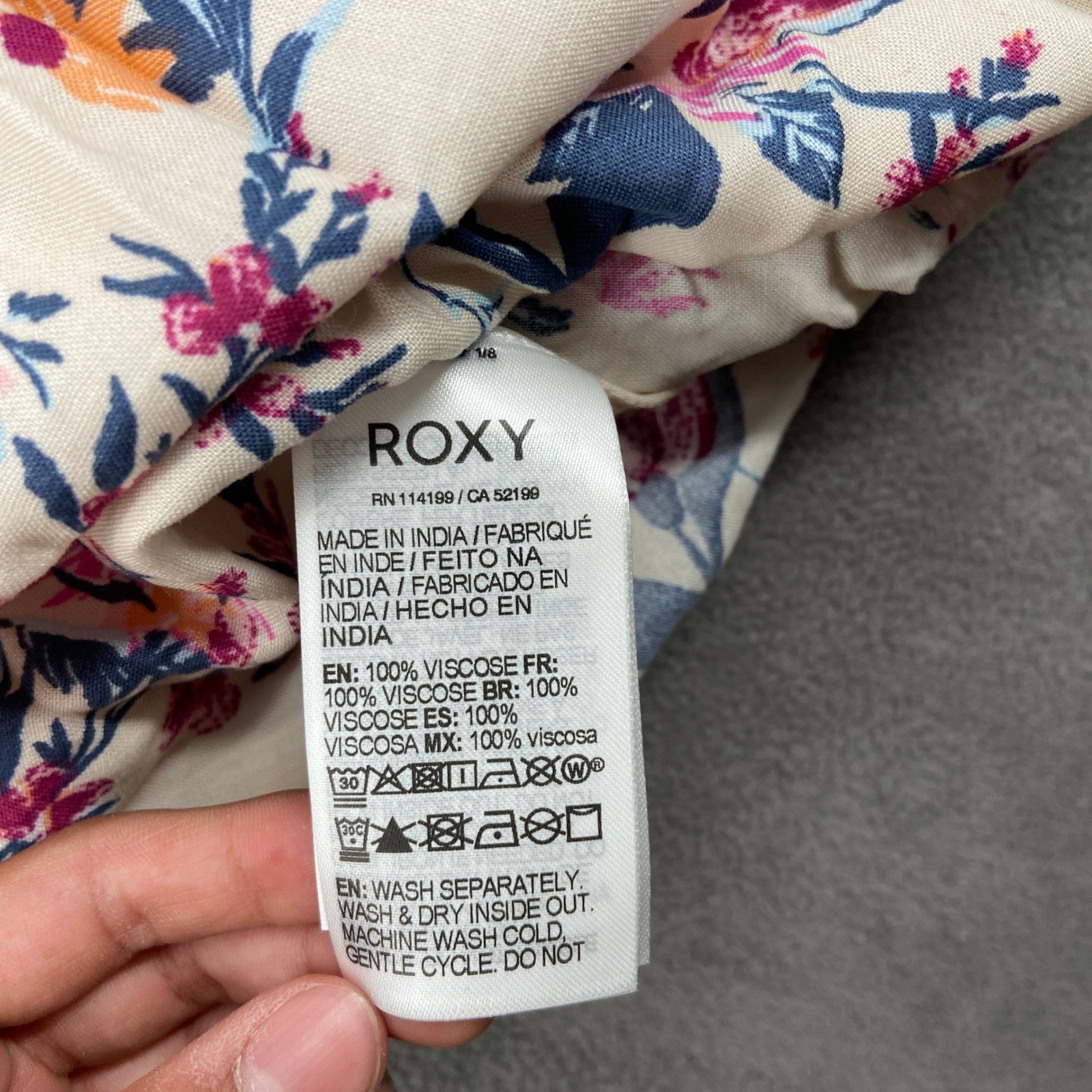 Roxy Floral Mini Dress Cream Pink Orange Blue Viscose Puff Sleeve Size L 4834