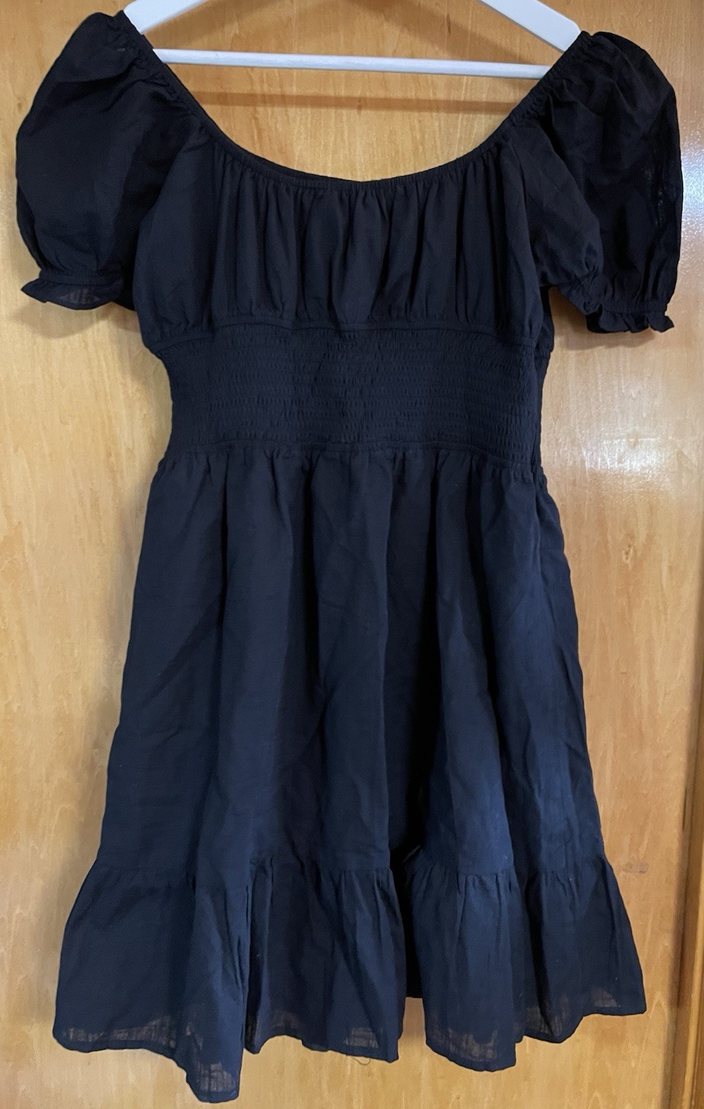 Lillusory, L, Black Tiered Cottagecore Stretch Waist Puff Sleeve Short Dress