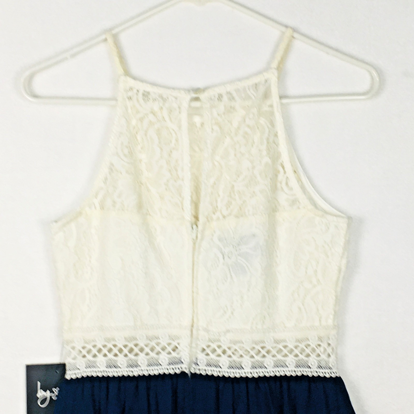 By & By Sleeveless Dress Juniors 7 Lined Navy Blue and Ivory Lace NEW