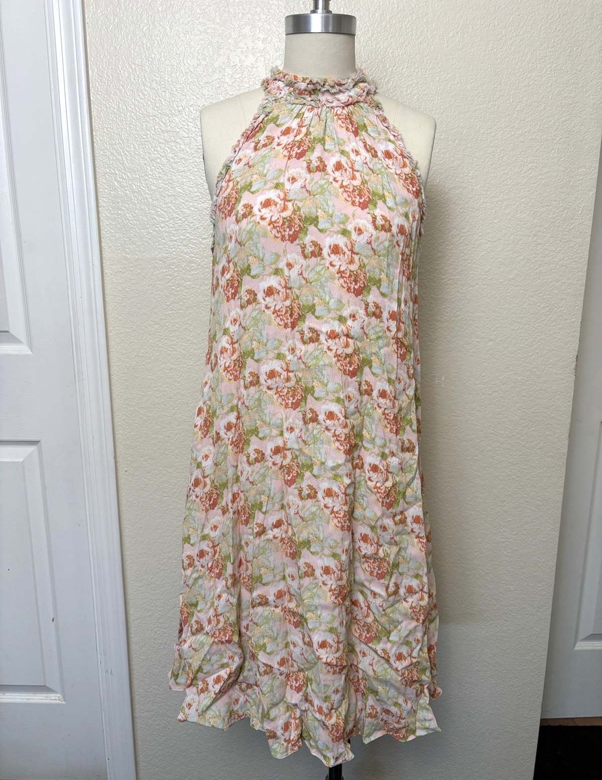 Gibson Latimer Floral Halter Swing Dress Ruffle Neck Boho Cottagecore M